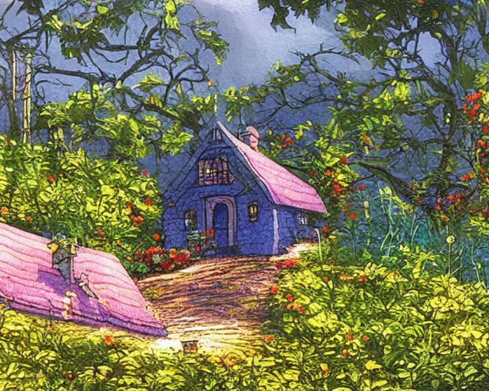 Pink-roofed cottage surrounded by greenery and flowers at twilight