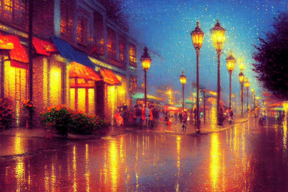 Impressionistic painting: Rain-soaked street at twilight