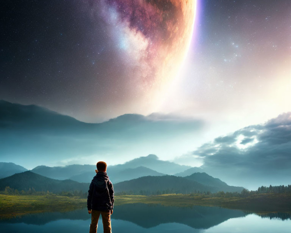 Person admiring tranquil lake under starry sky with celestial body above mountains at dusk.