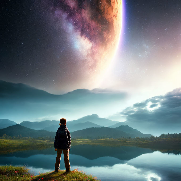 Person admiring tranquil lake under starry sky with celestial body above mountains at dusk.