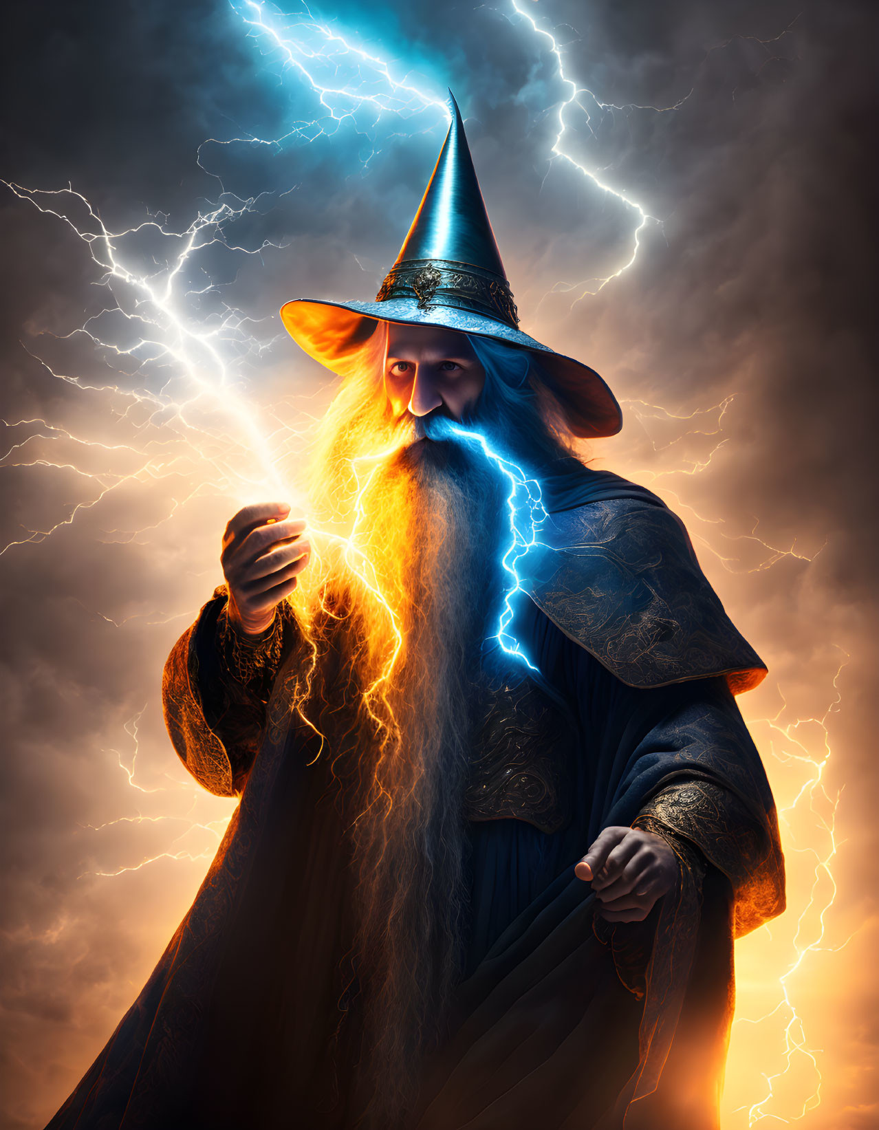 Wizard in Blue Hat and Cloak Channels Lightning with Dramatic Sky