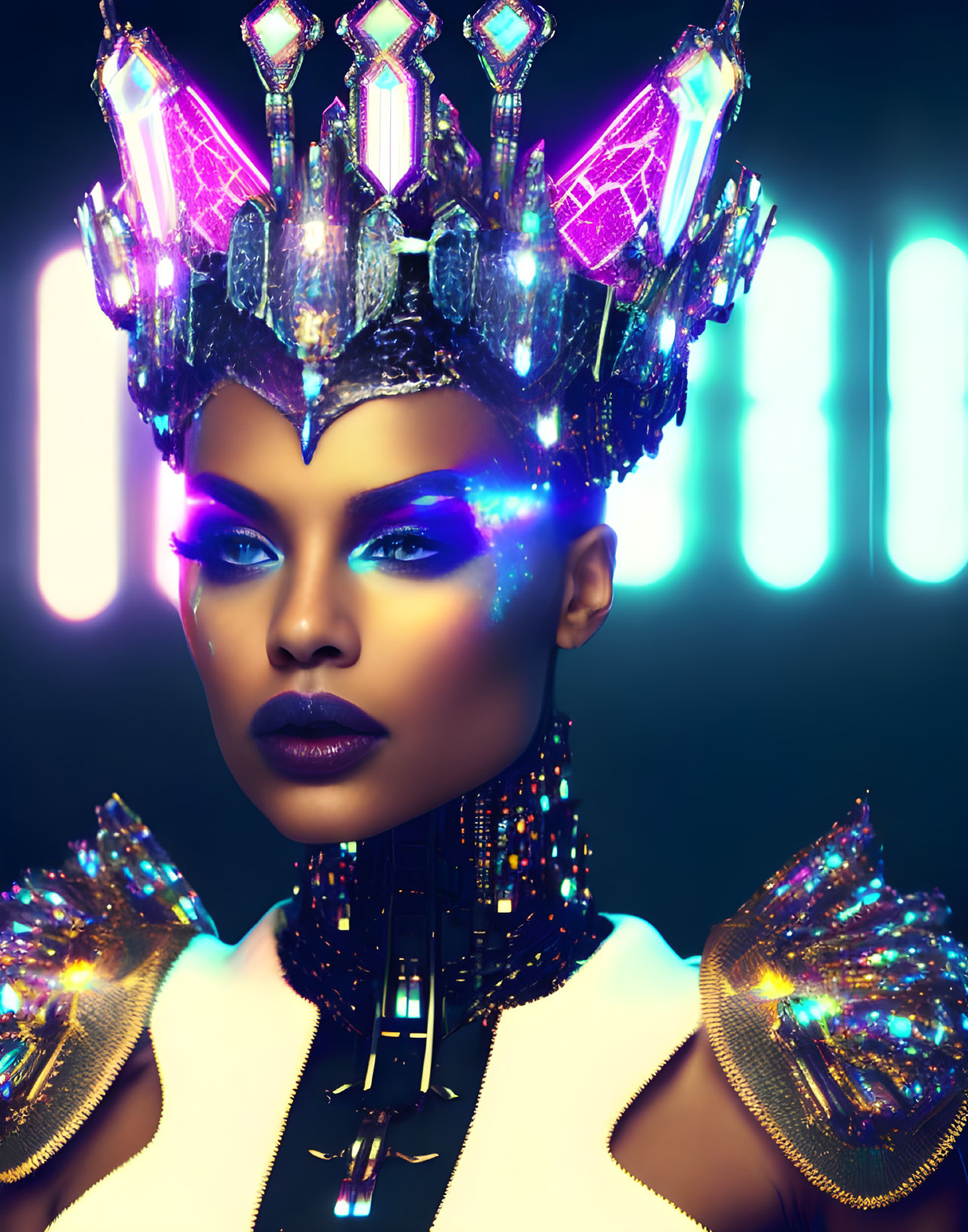 Digital art portrait of woman with glowing blue makeup and luminous crystal crown.