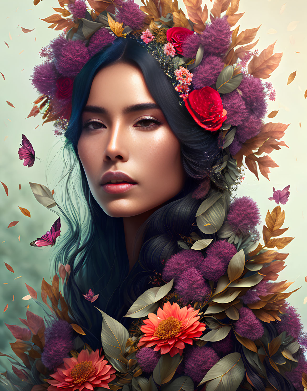 Colorful woman with floral headdress and butterflies: Detailed and vibrant nature-inspired art