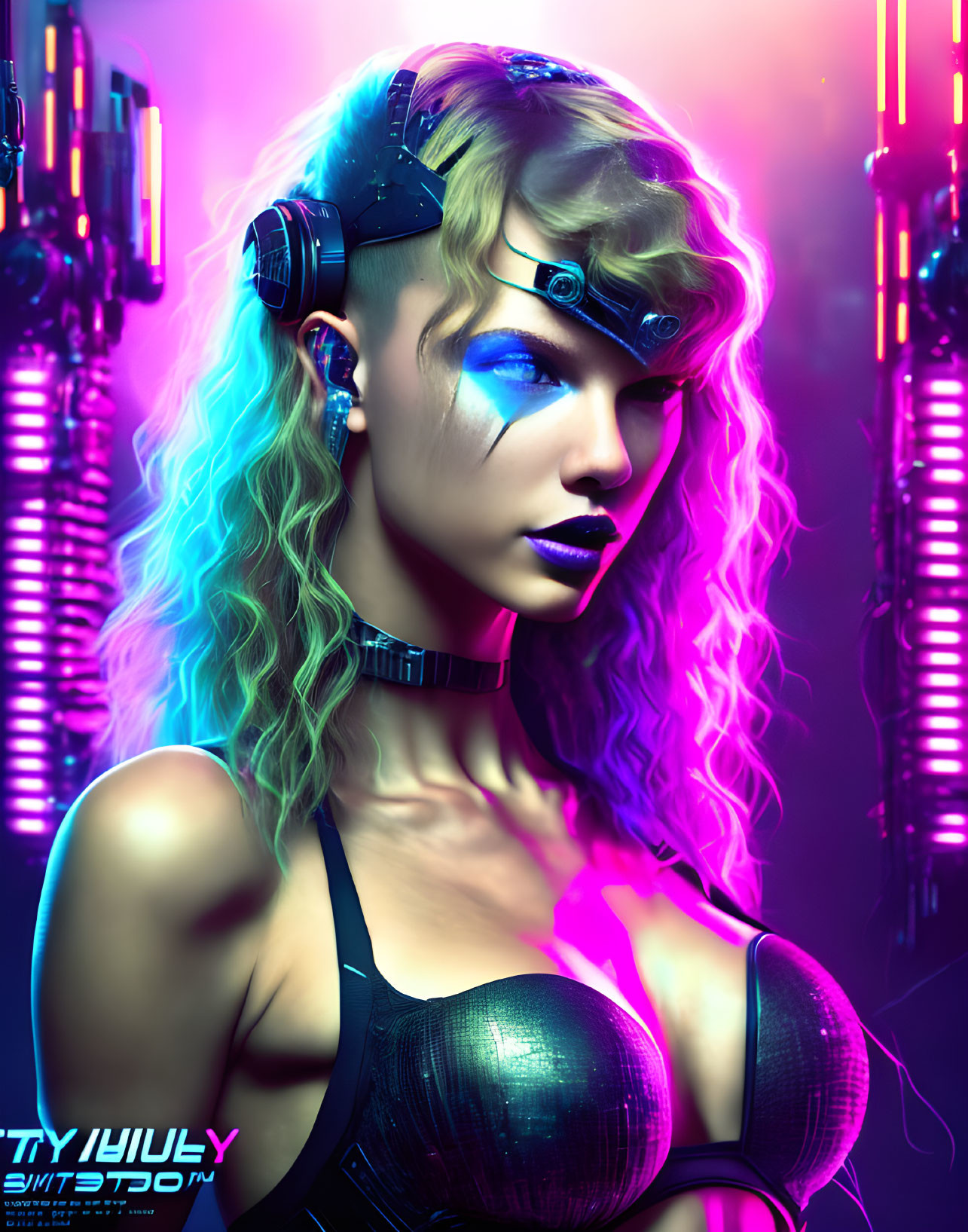 Futuristic cyberpunk portrait of a woman with blue makeup