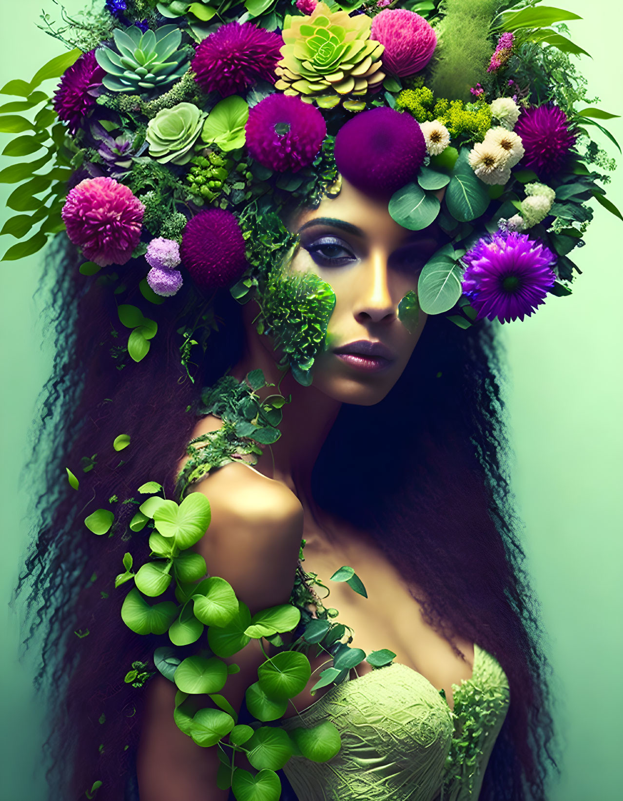 Woman with floral headdress and nature-themed hair against green backdrop