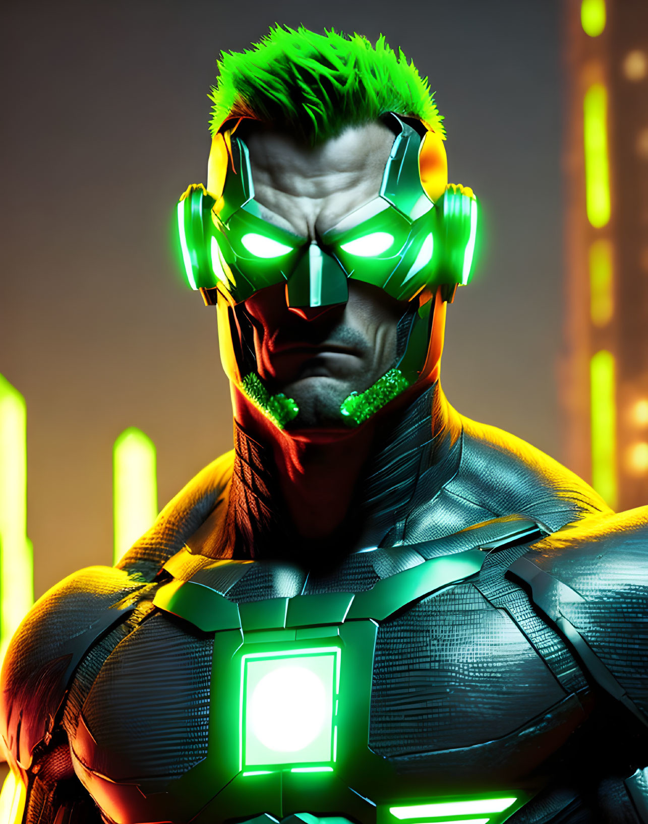 Character with glowing green eyes and neon green hair in cyberpunk setting