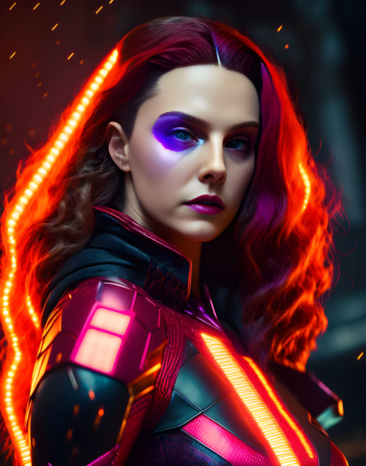 Red-haired woman in futuristic suit with glowing accents on blurred red background