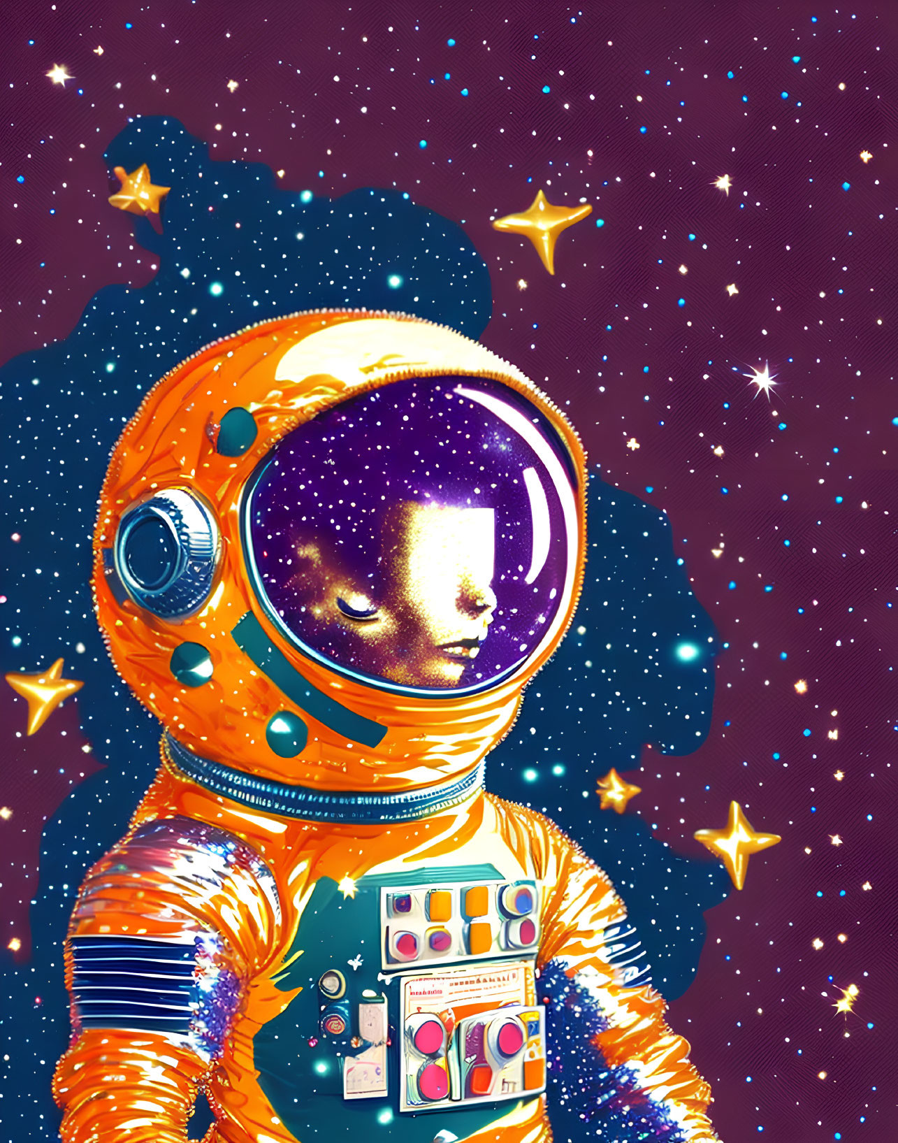 Astronaut in orange suit with reflective helmet visor in space