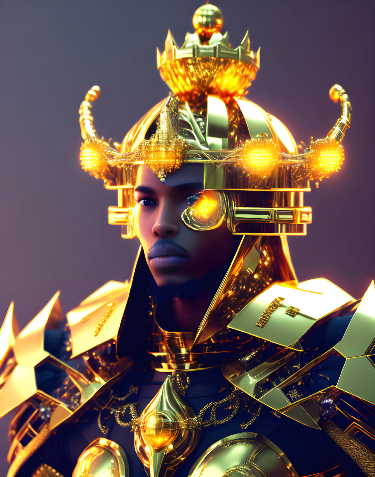 Futuristic person in ornate golden armor on dark background