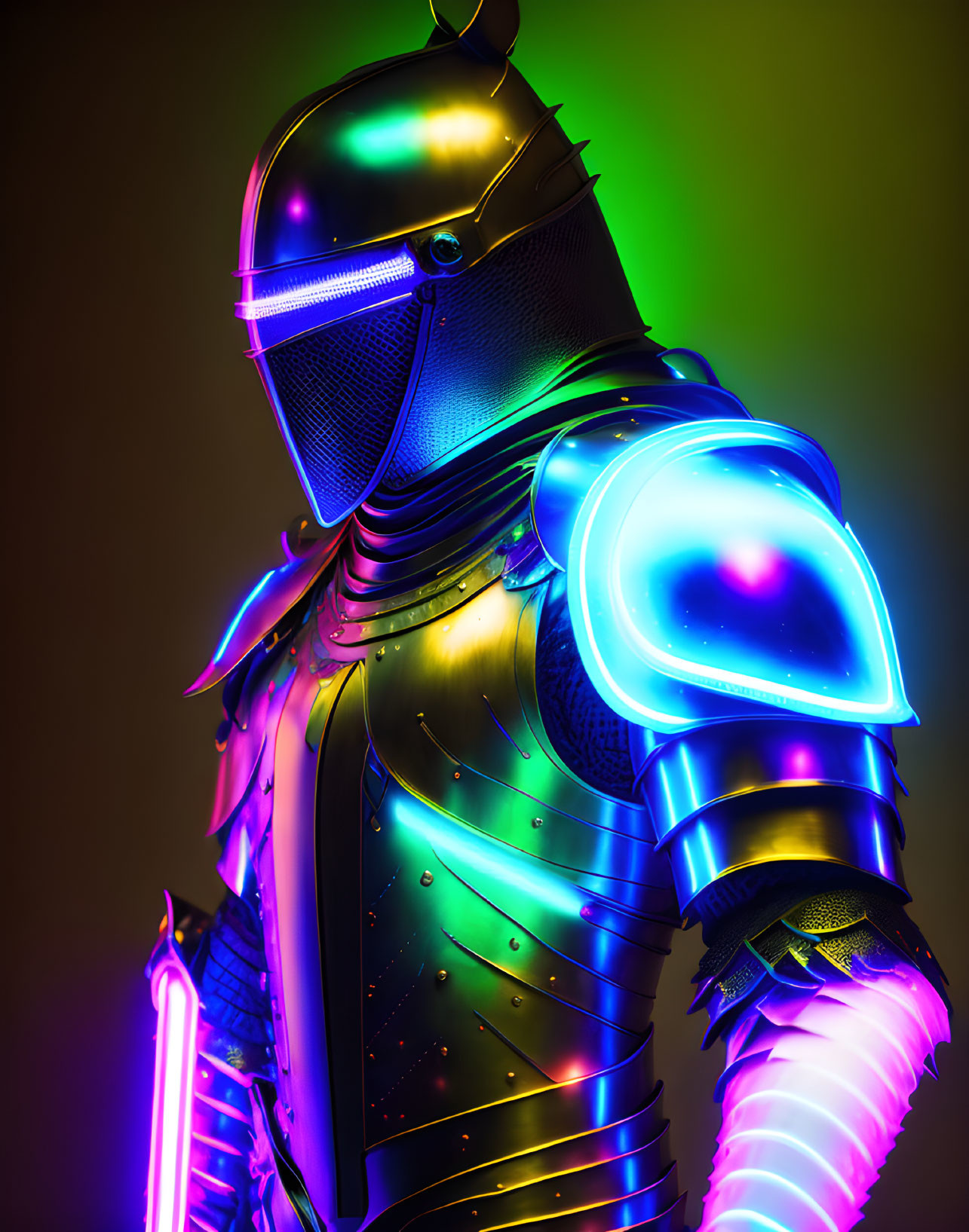 Futuristic knight in glowing neon armor with lighted sword