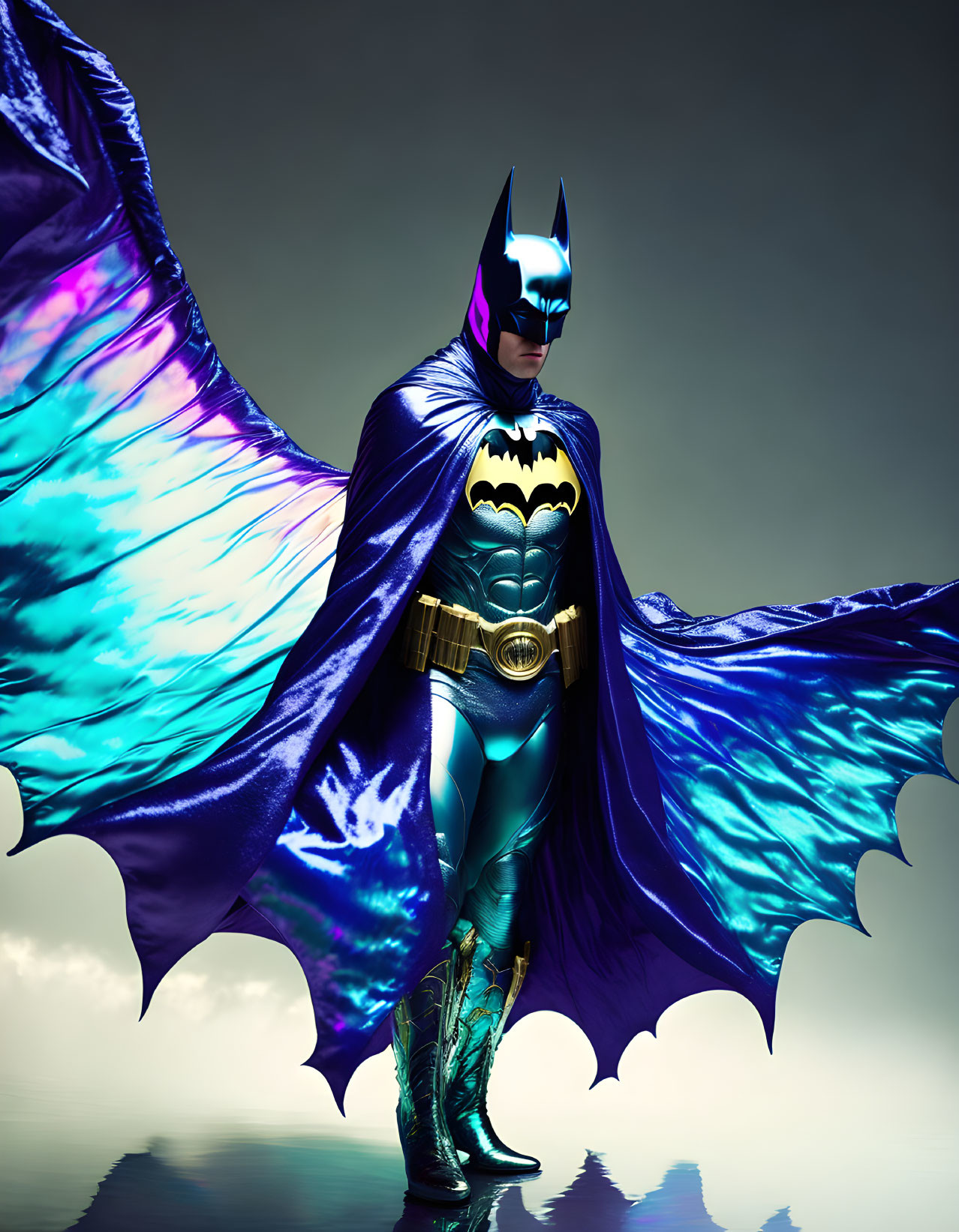 Elaborate Batman costume with iridescent cape against muted backdrop