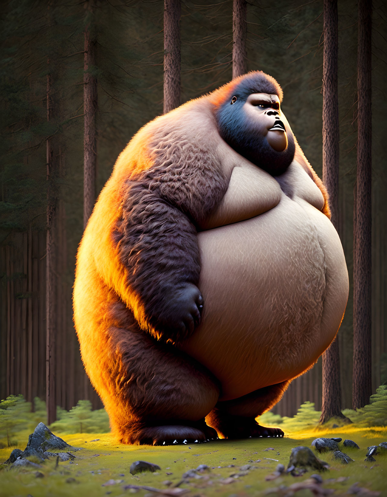 Animated gorilla with orange and brown fur in sunlit forest