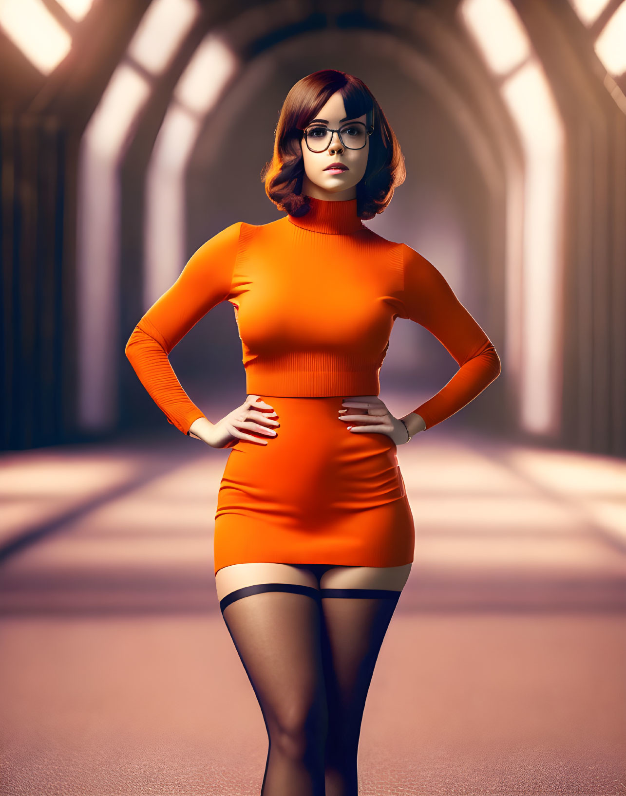 Bobbed hair woman in orange turtleneck dress with glasses in arched hallway