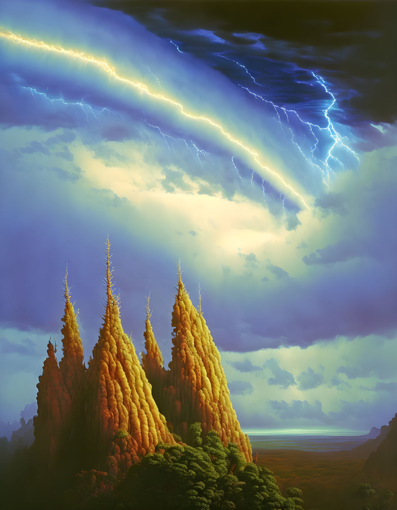 Vivid art: Golden rock formations under dramatic lightning sky