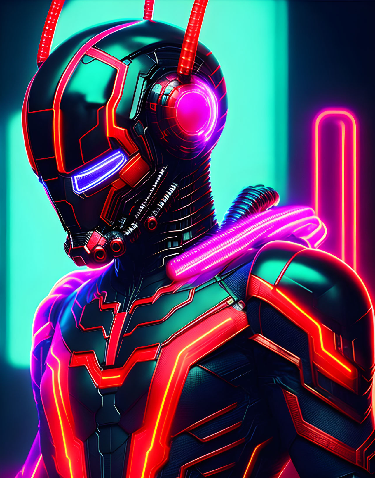 Neon-lit armored figure in futuristic setting