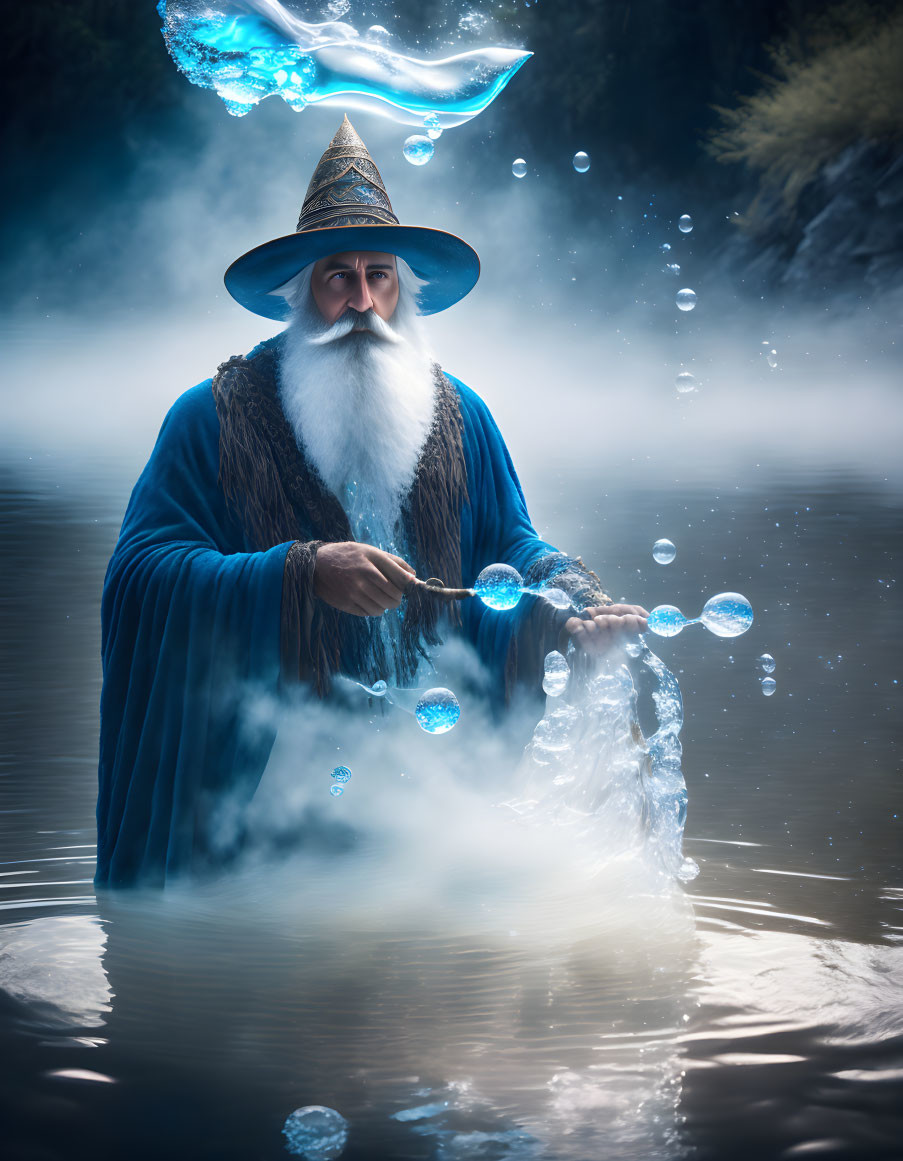 Wizard in Blue Robes Conjuring Magical Entities in Misty Waters