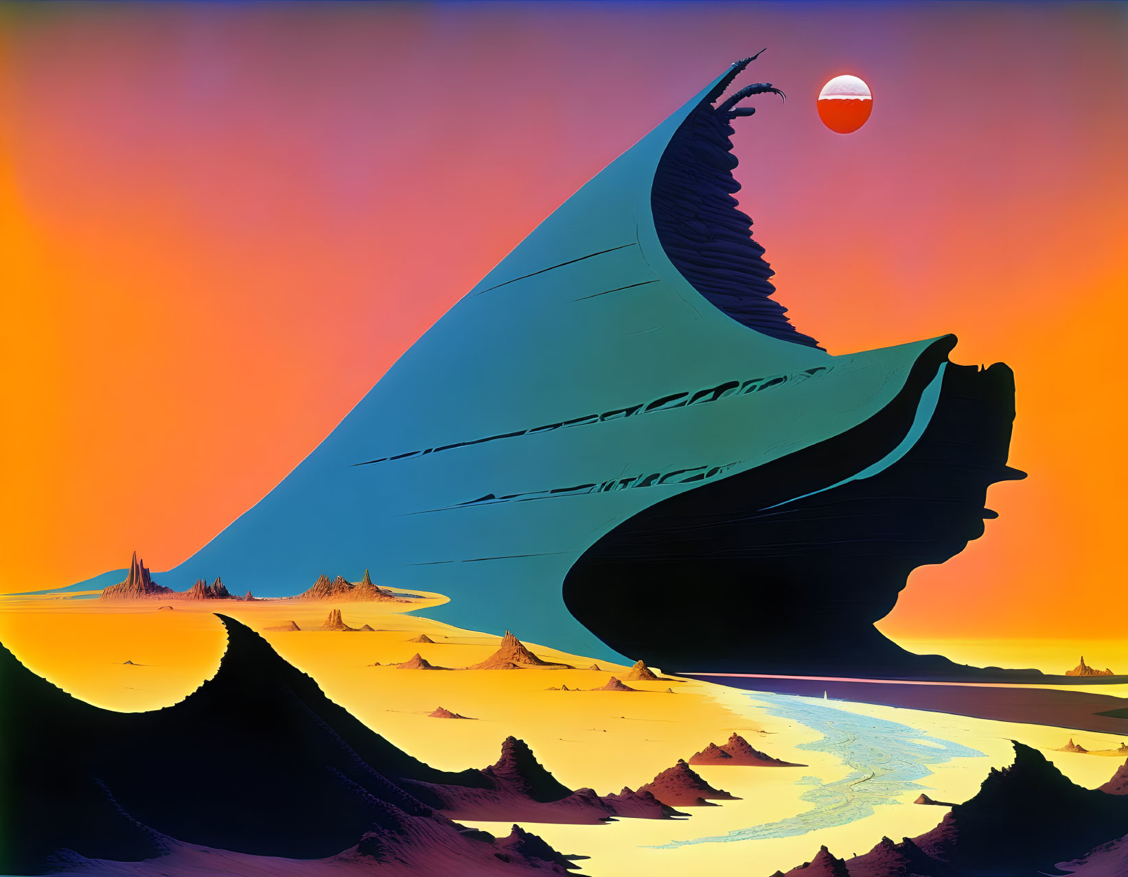 Surrealist landscape with blue wave, orange sky, dunes, and water