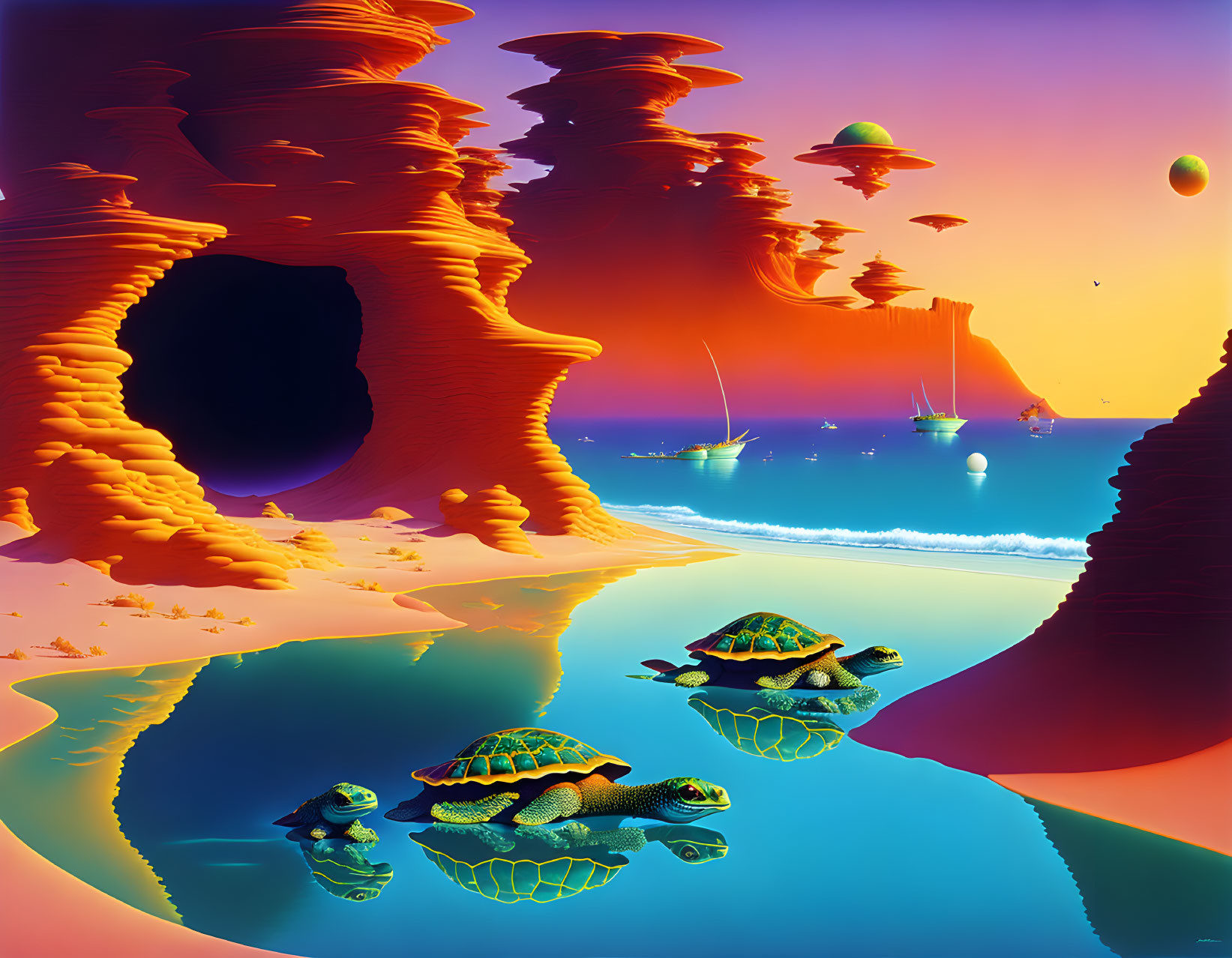 Surreal landscape with turtles, reflective water, rock formations, floating islands, and alien sky