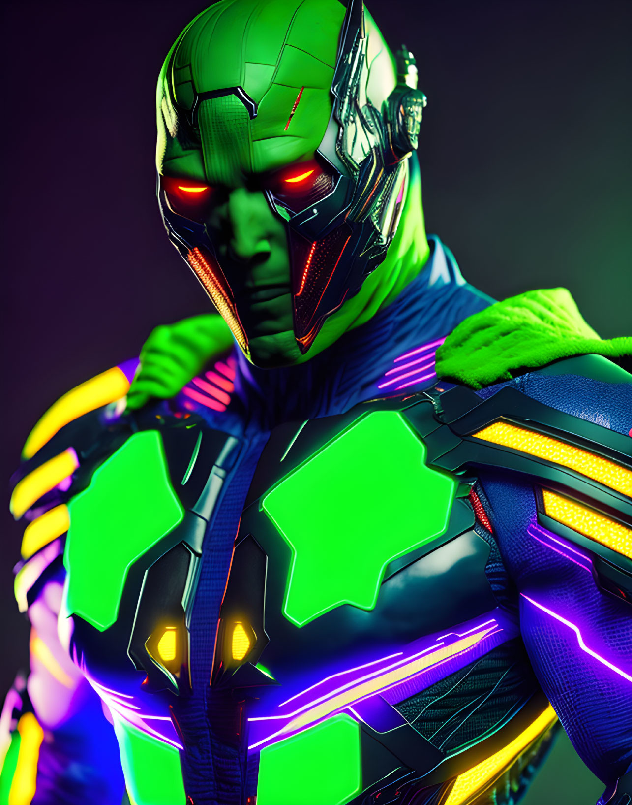 Futuristic armored character with metallic mask in green and purple accents