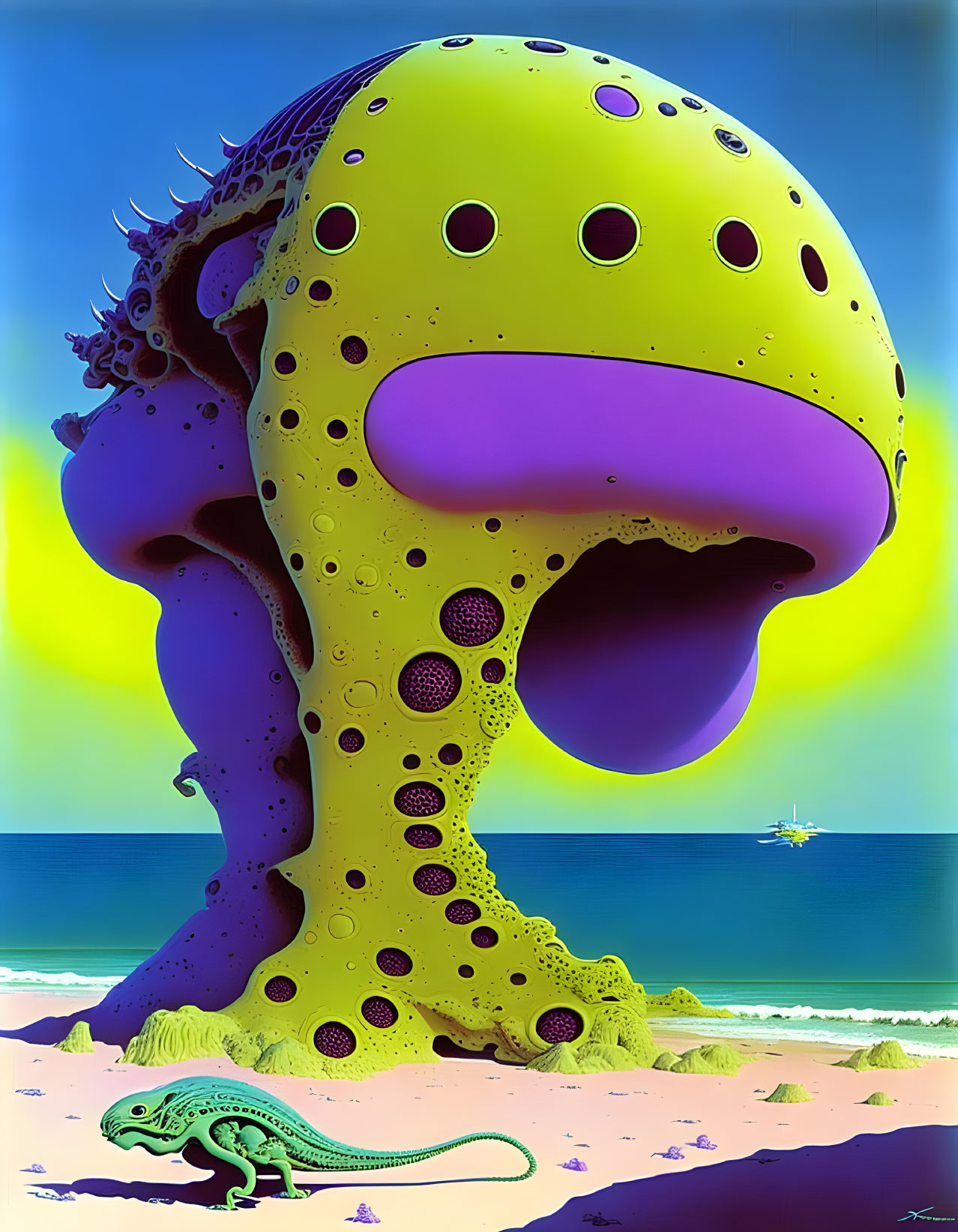 Colorful surrealistic painting: large spotted mushroom creature, beach, lizard, distant plane