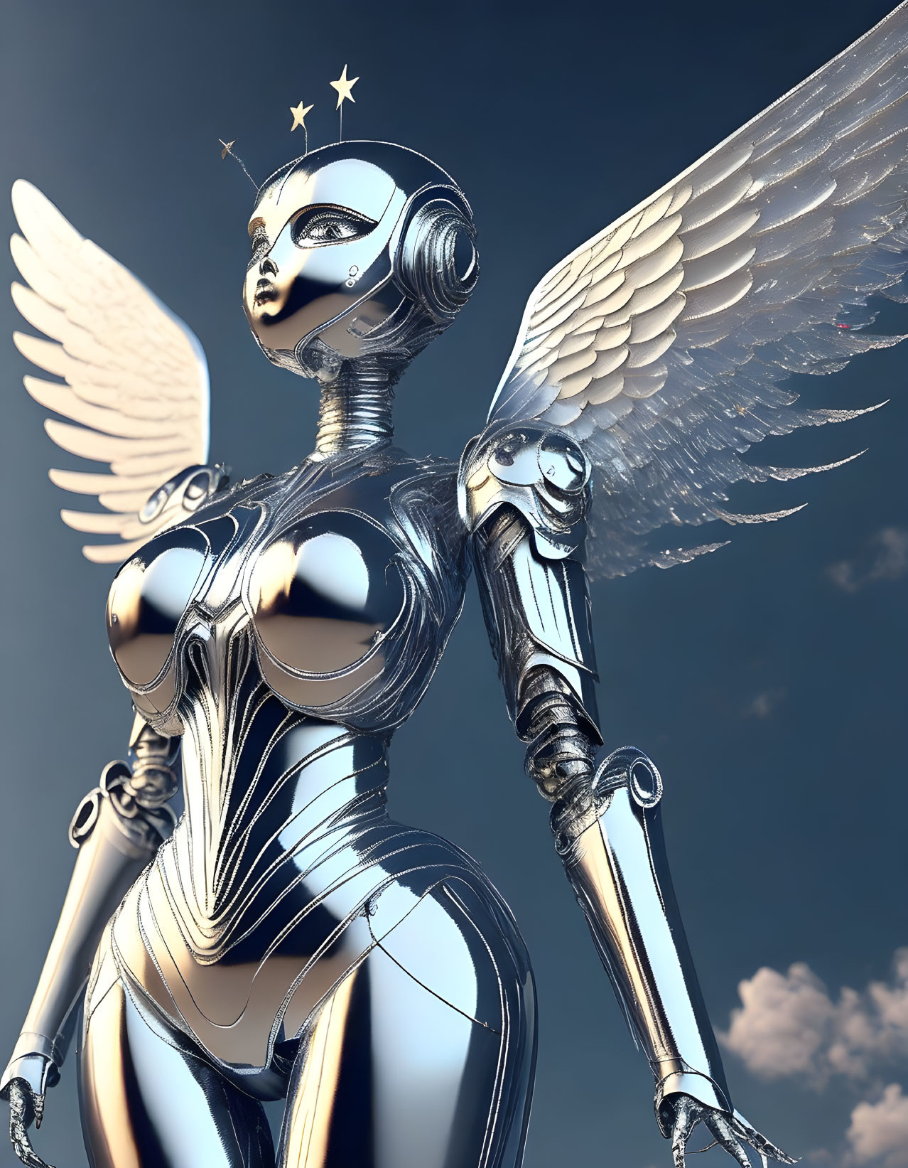 Futuristic humanoid robot with angel wings and halo on glossy metallic surface