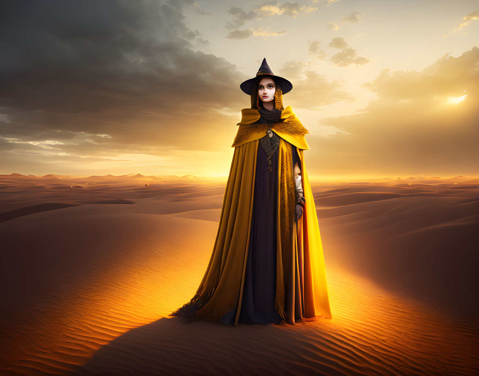 Person in dramatic witch costume on sand dunes at sunset with golden light and streaked clouds