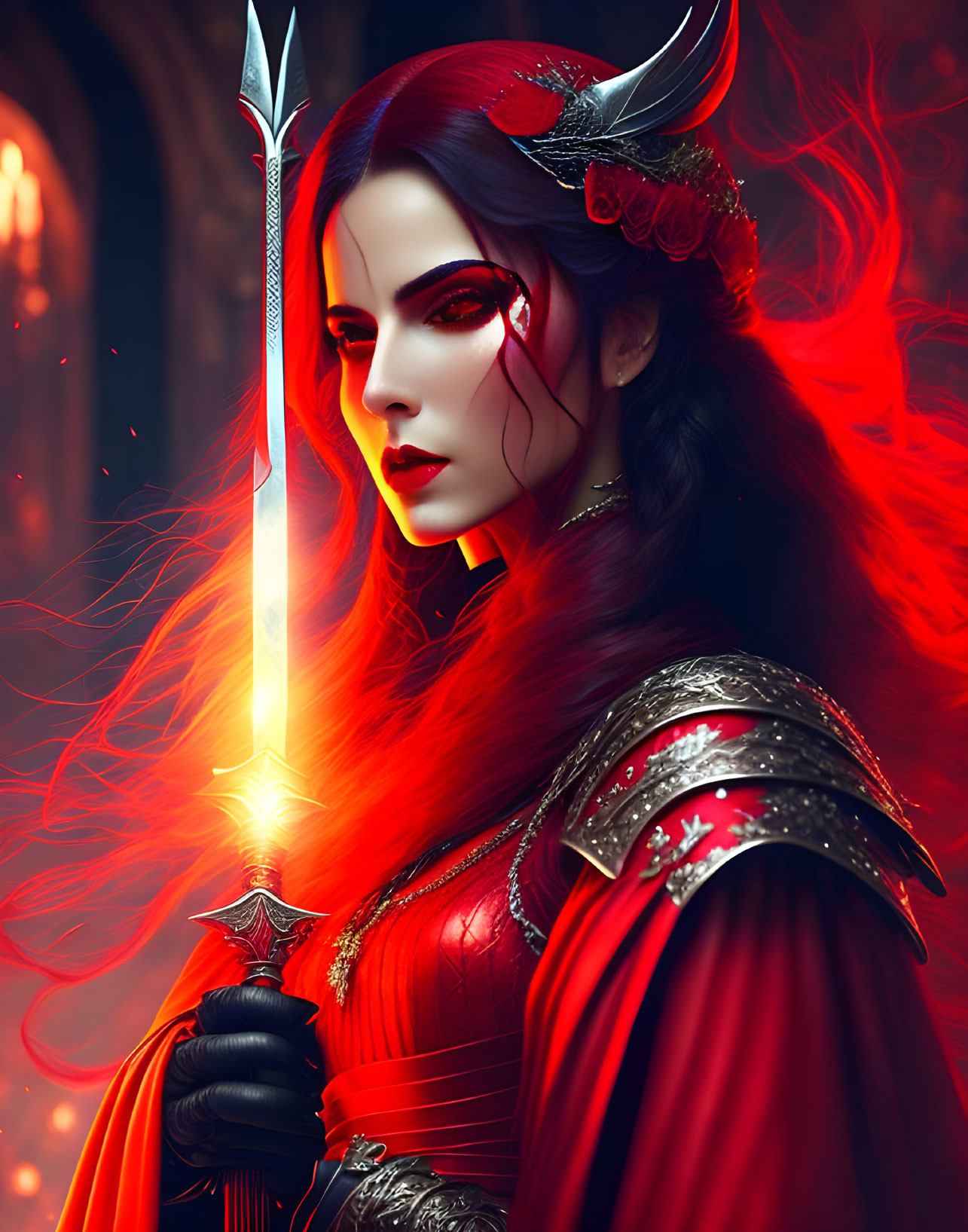 Female warrior with glowing eyes and radiant sword in red armor against fiery backdrop