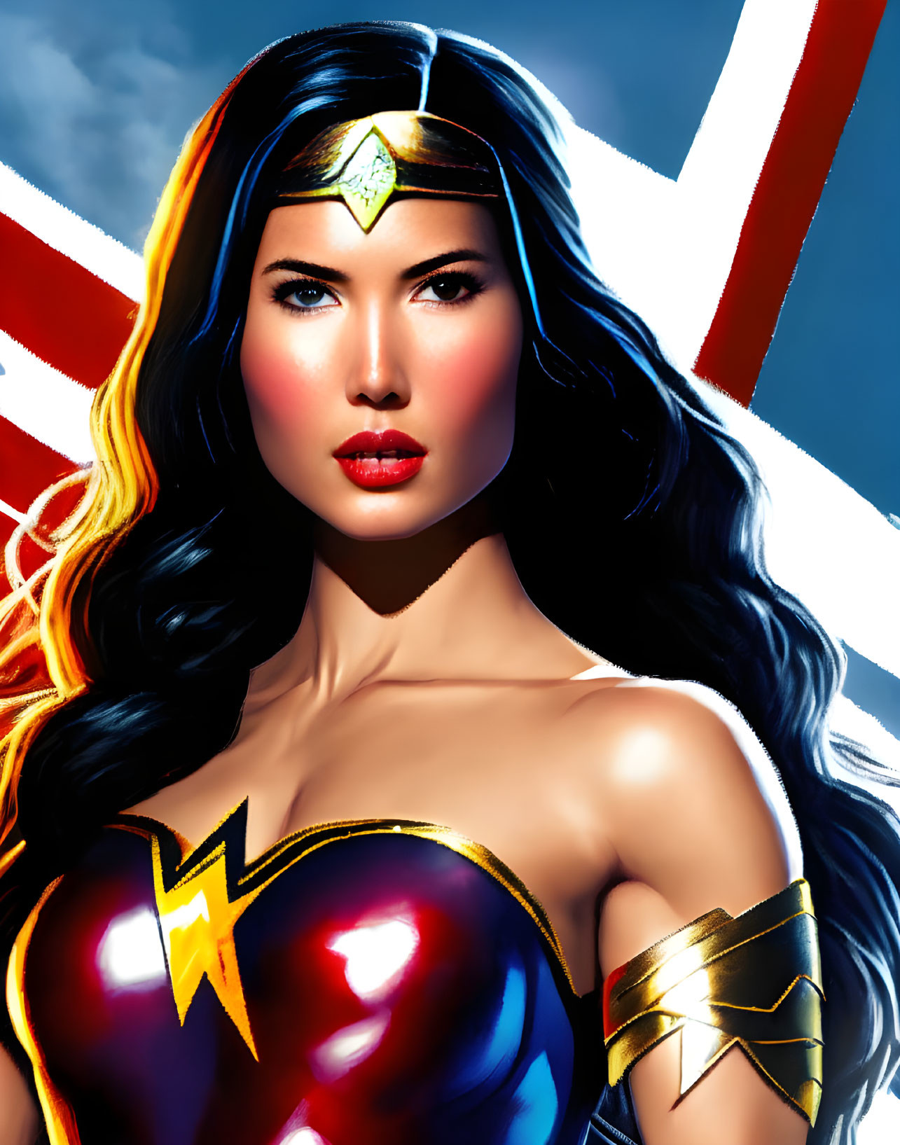 Confident female superhero illustration with dark hair and golden accessories.