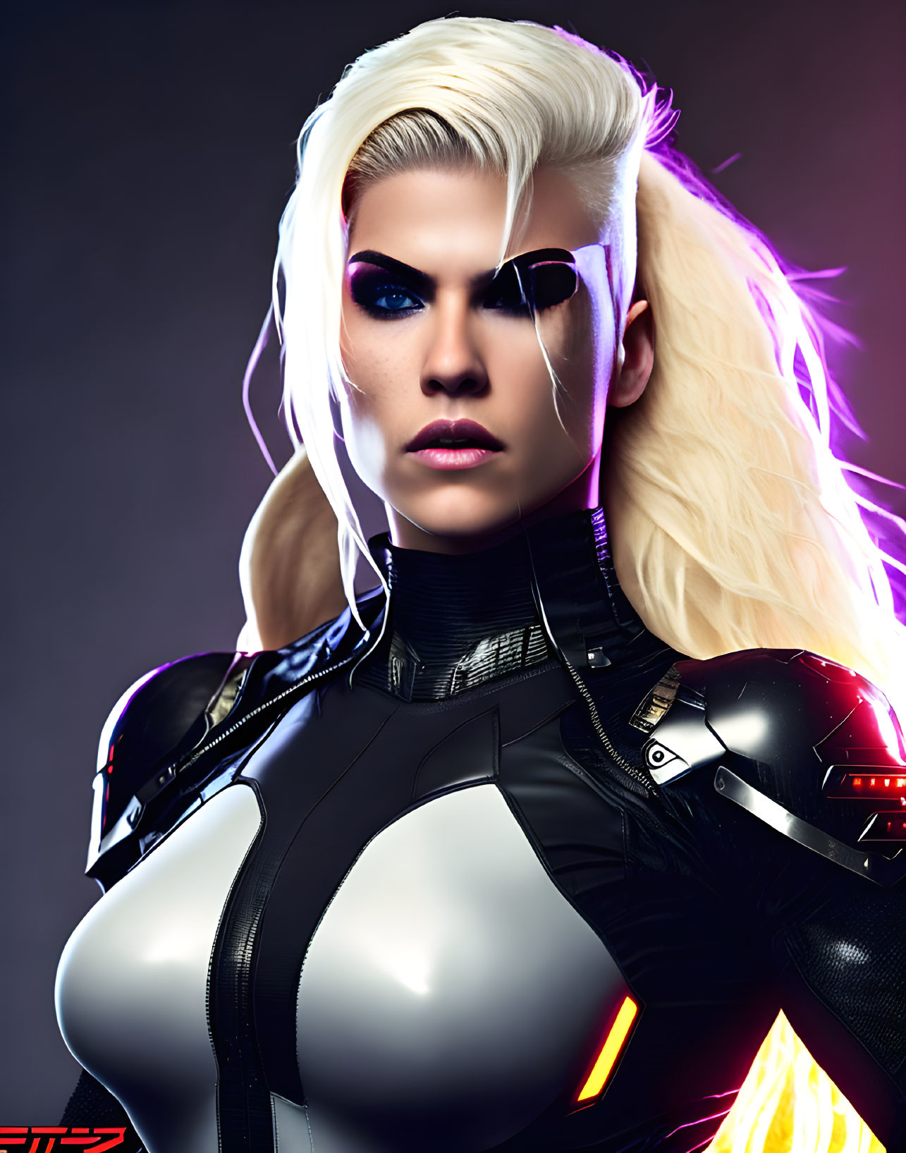 Platinum blonde futuristic female character with glowing purple eye-piece