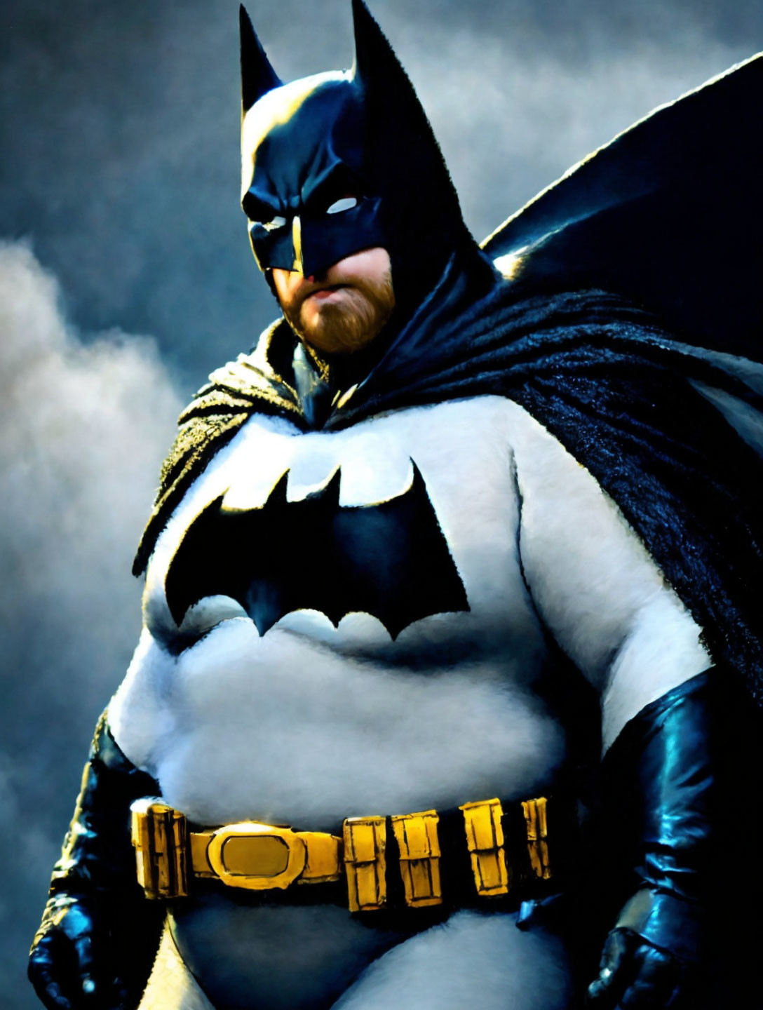 Plus-Size Batman Costume with Exaggerated Muscular Suit and Cowl