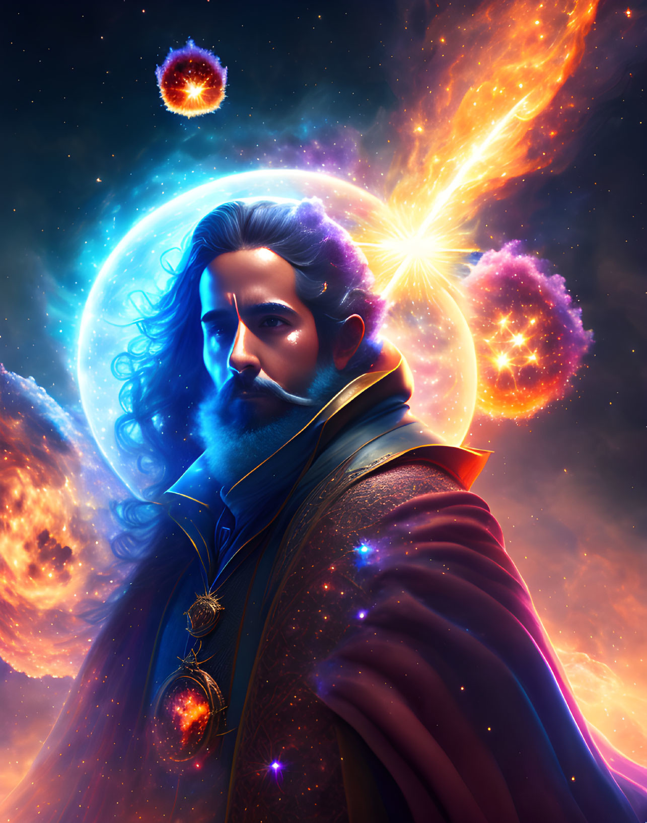 Man with Beard in Majestic Cosmic Setting with Stars, Planets, and Nebulae