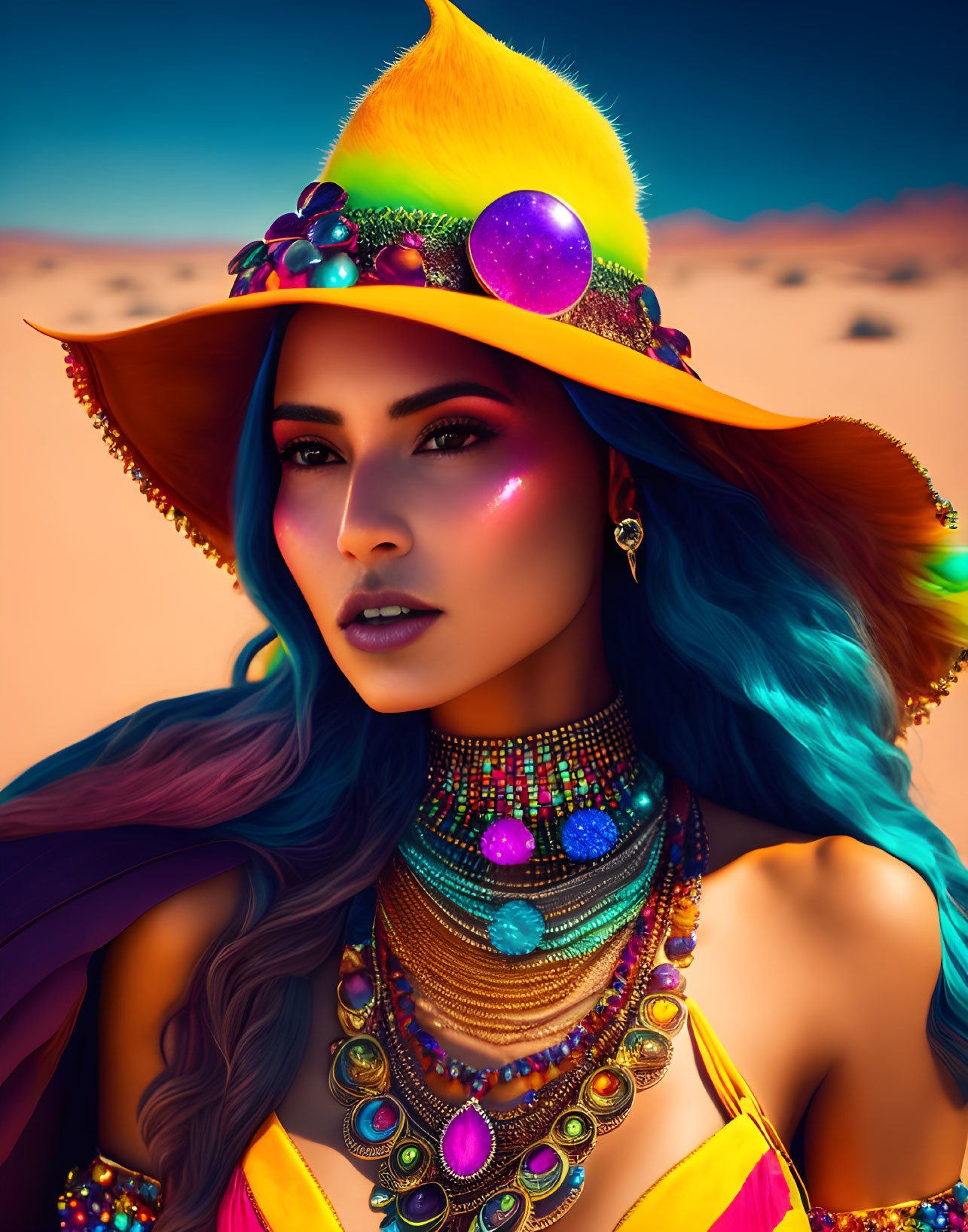 Vibrant blue hair woman with colorful hat and jeweled necklaces in desert landscape