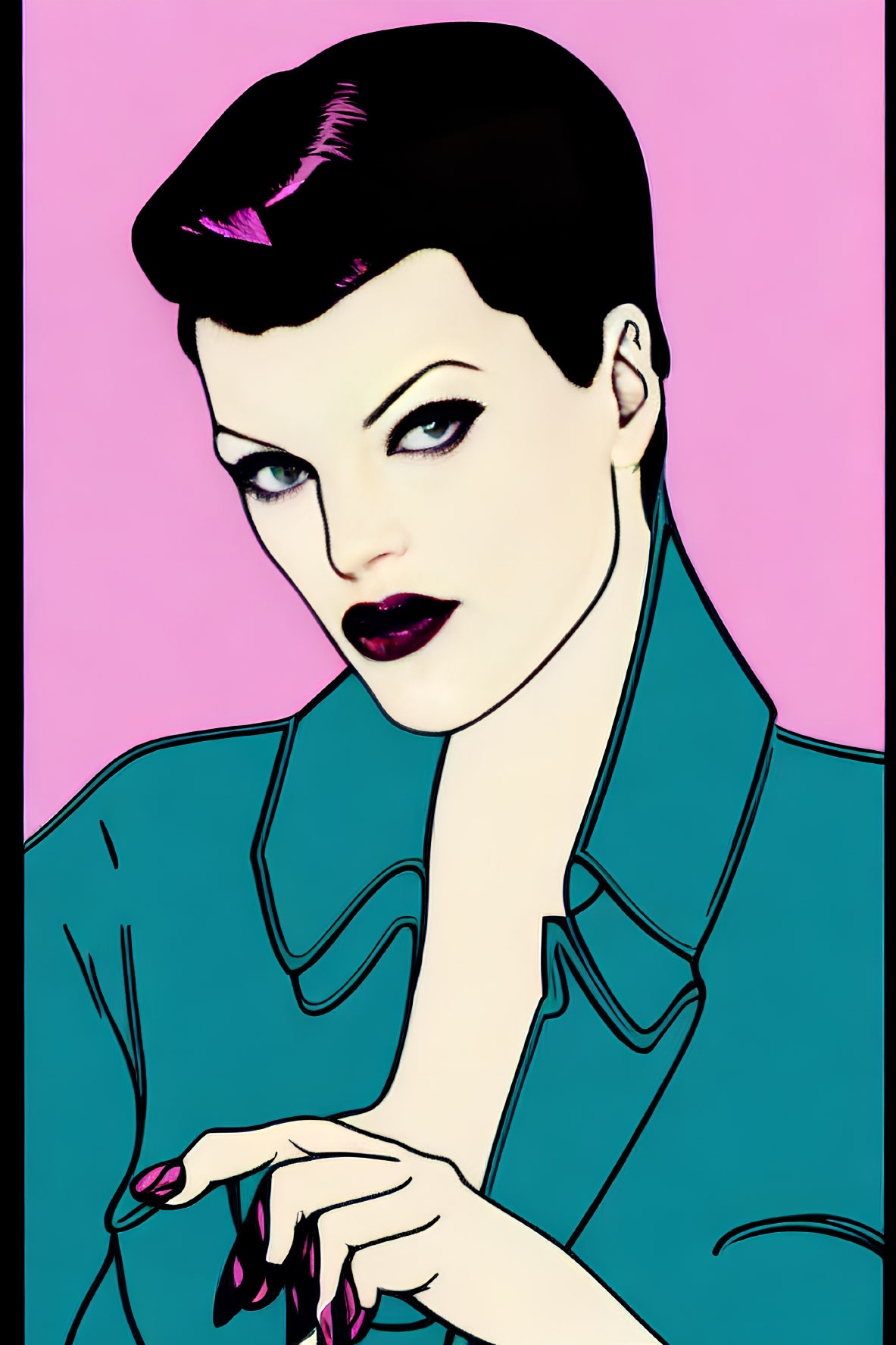 Stylized portrait of woman with short dark haircut and teal blouse