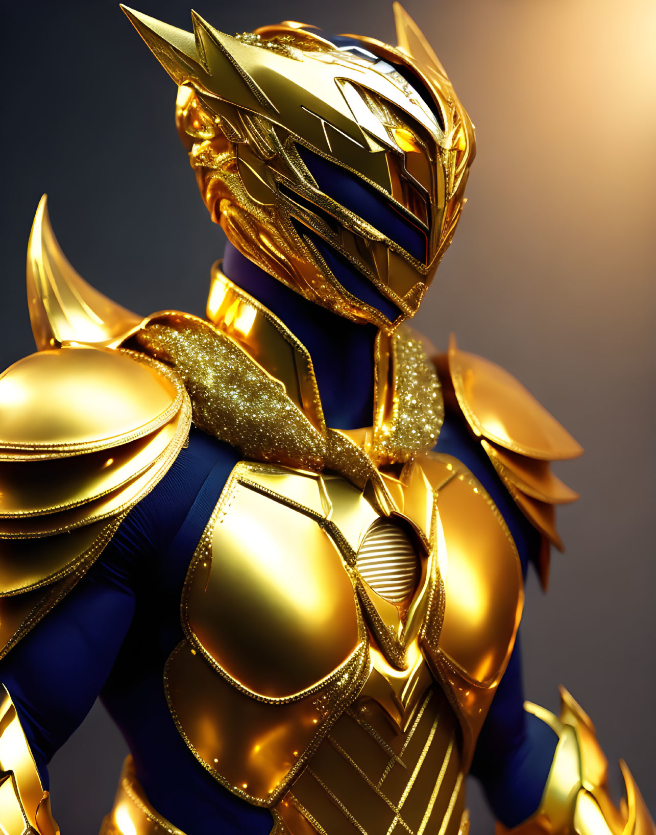 Detailed image of person in gleaming golden armored suit with intricate designs and helmet, illuminated by warm light