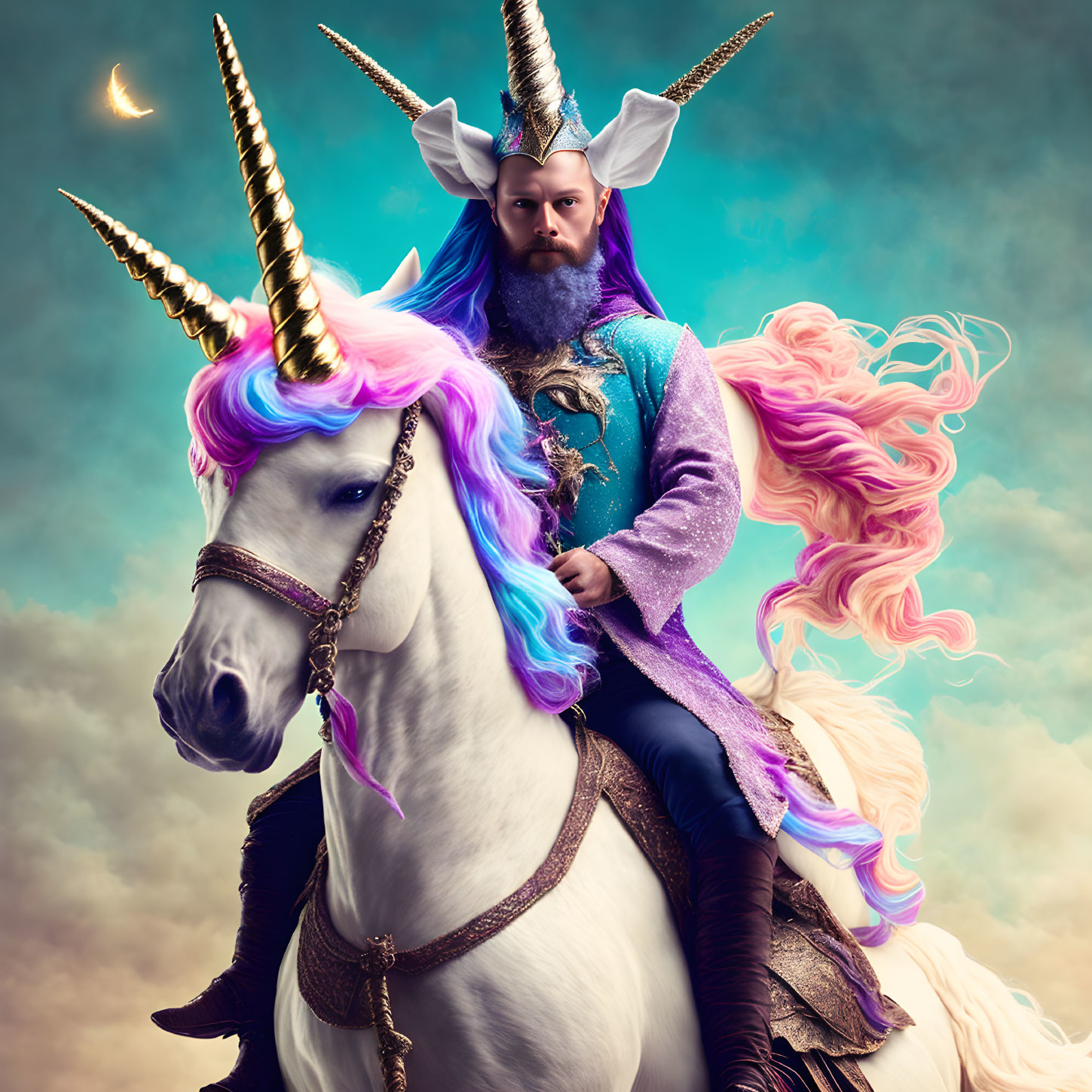 Fantasy character in horned helmet rides unicorn under crescent moon