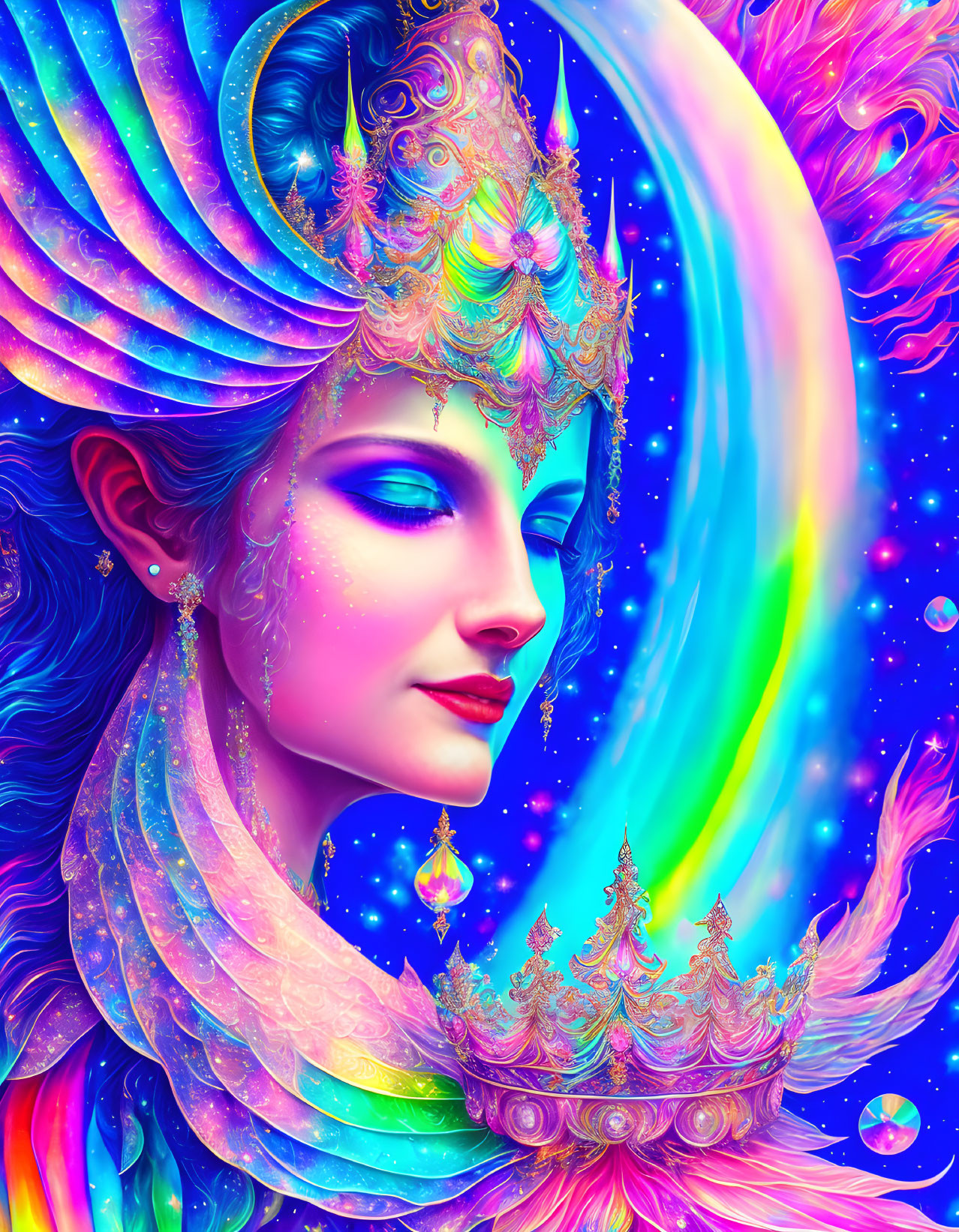 Colorful digital artwork of a woman with blue skin in cosmic attire against a rainbow galaxy