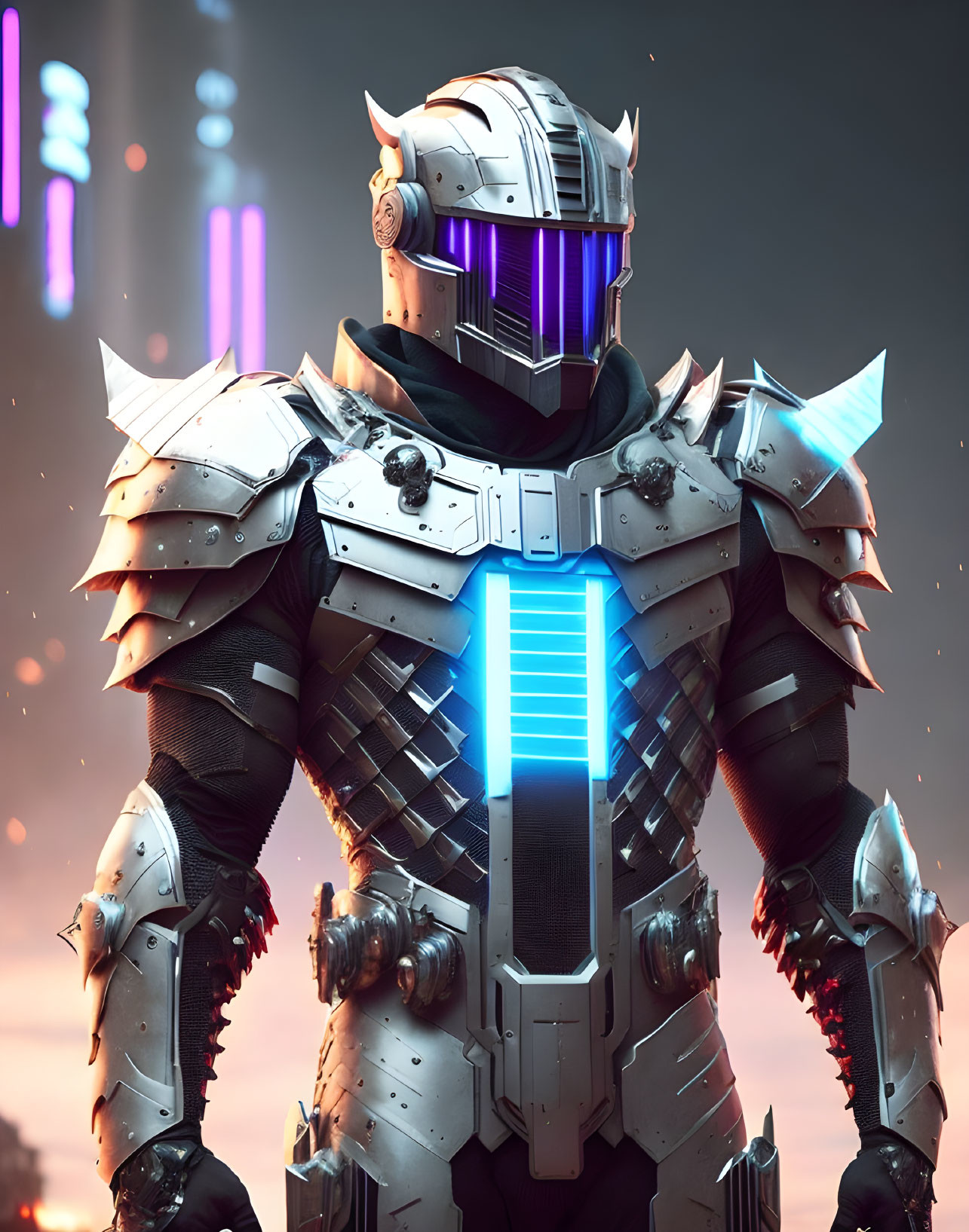 Futuristic knight in armor with glowing blue visor and chest light on dusky cityscape.