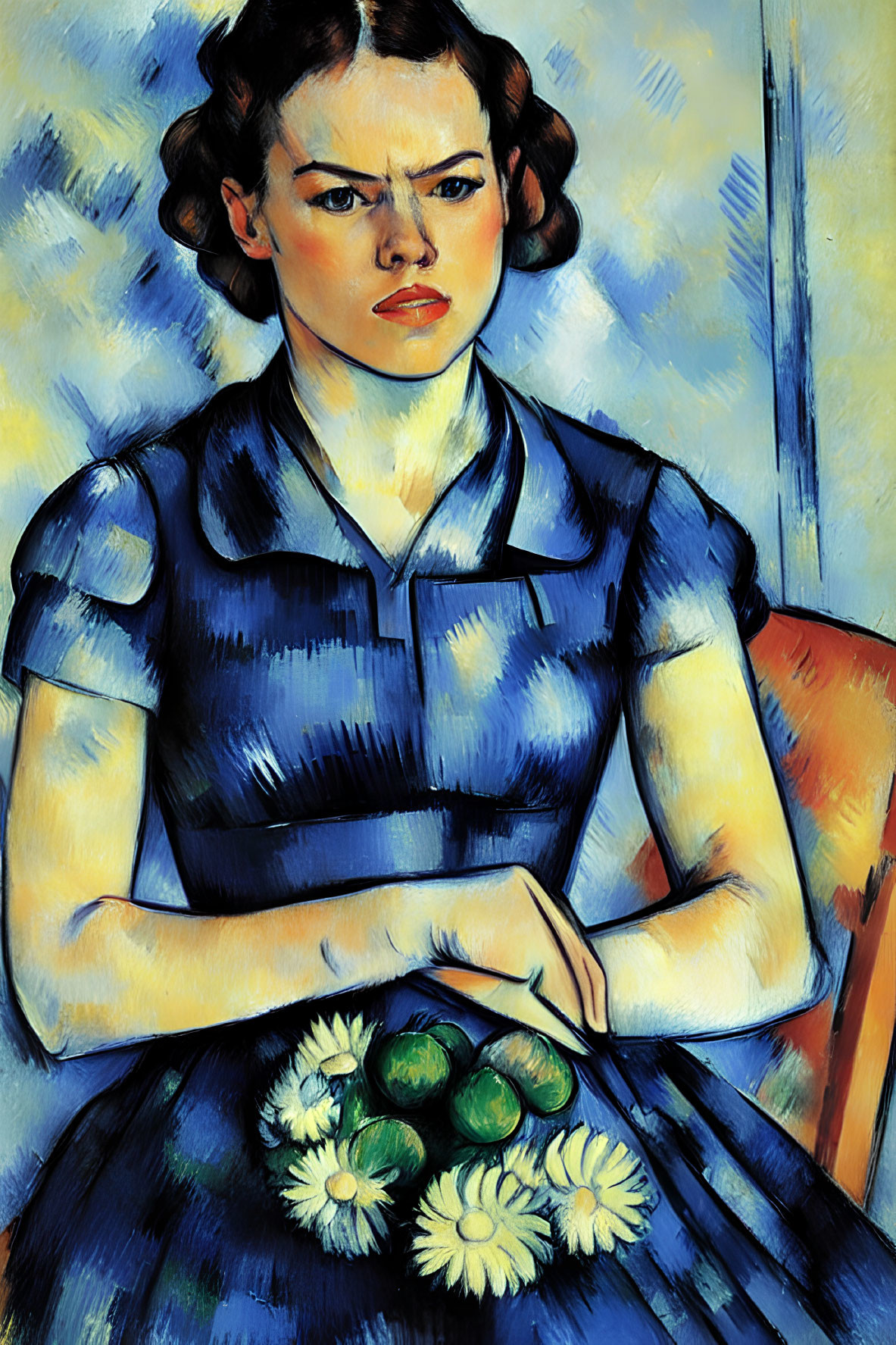 Portrait of Woman in Blue Dress with Stern Expression