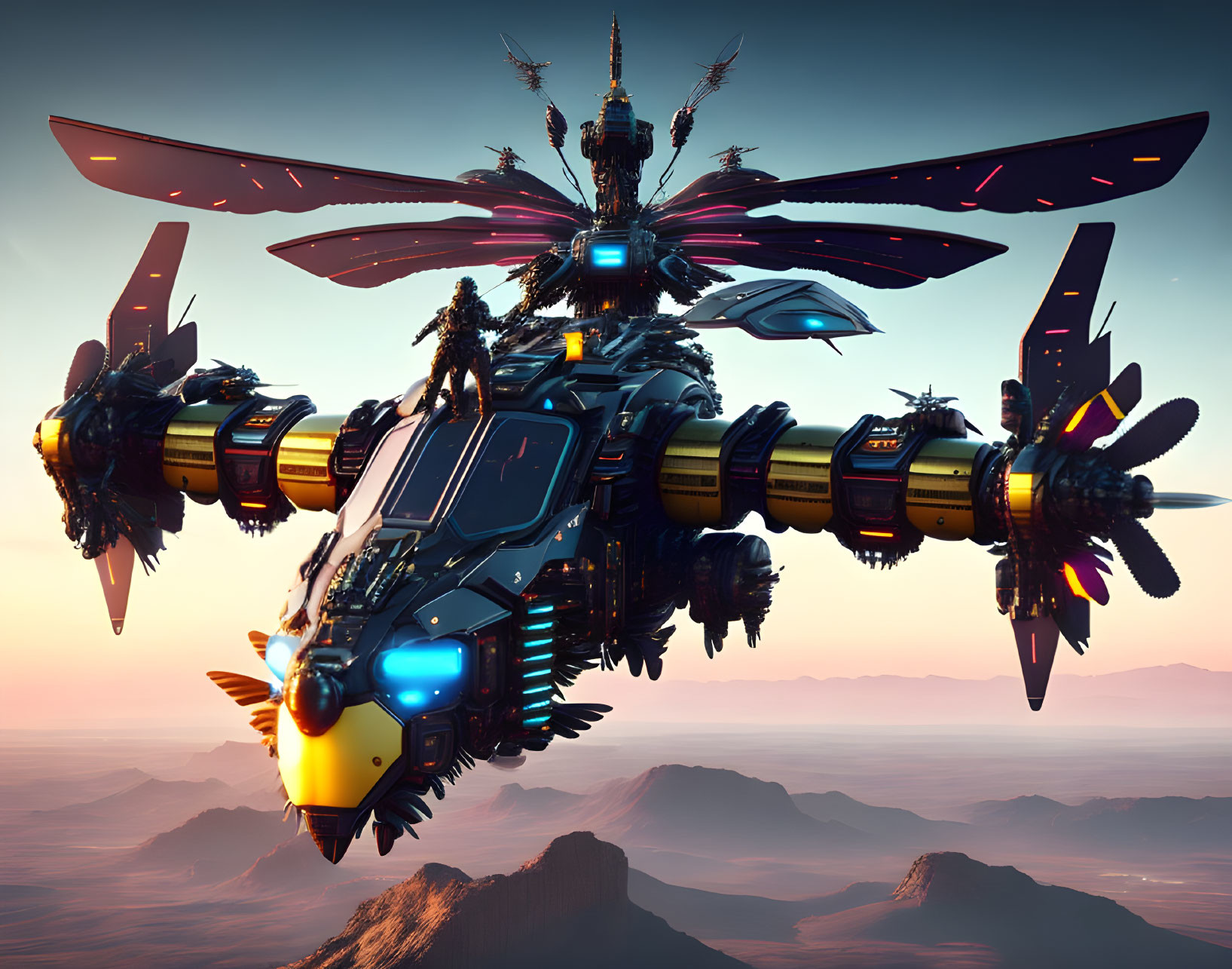 Futuristic flying structure with multiple wings and engines over desert landscape at sunset