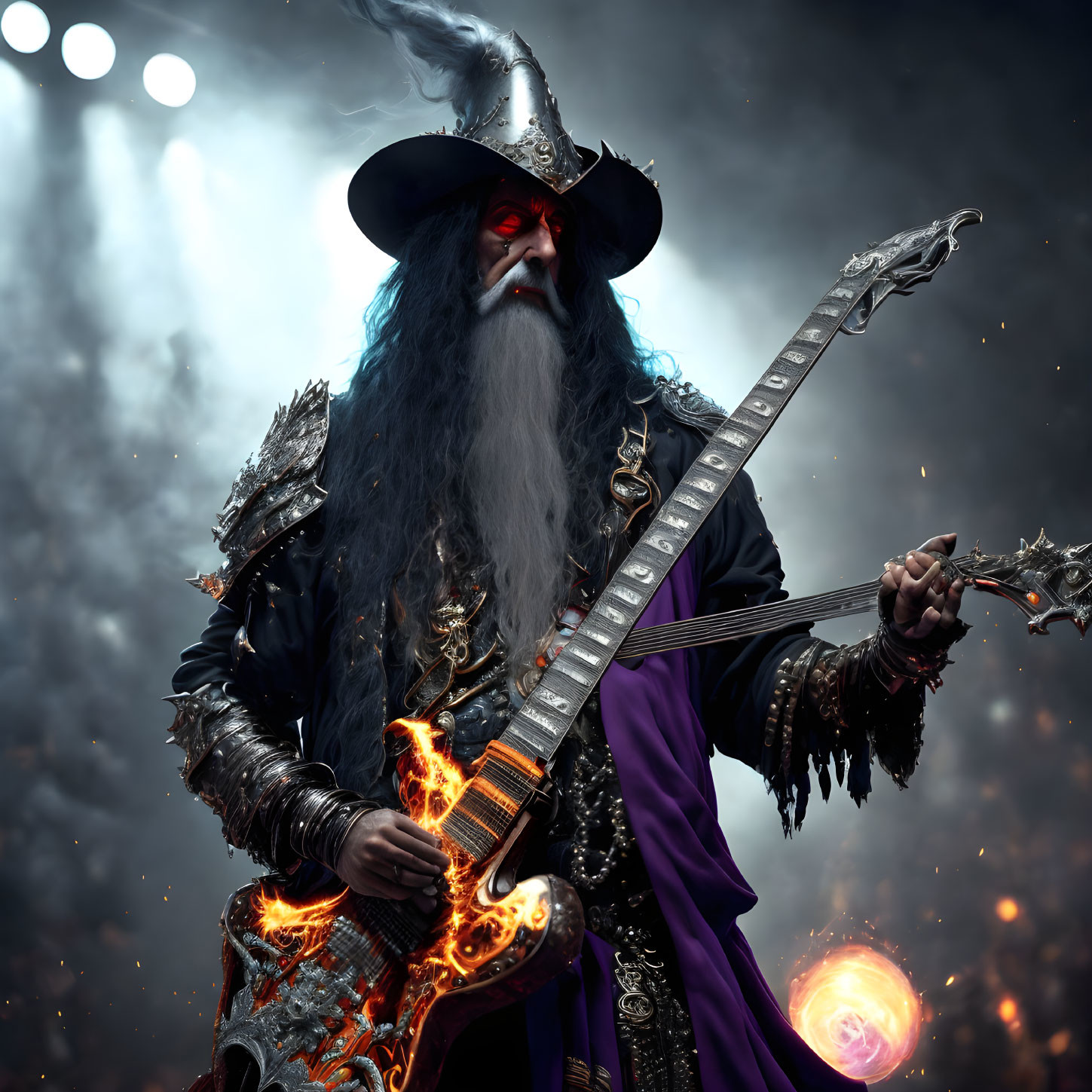 Mystical figure in dark attire plays flaming guitar in dramatic setting