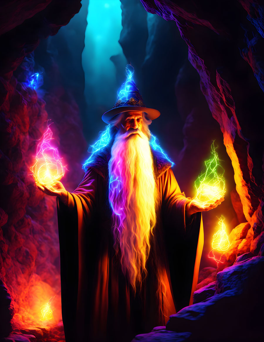 Bearded wizard in cave with colorful magical energy and mystical glow