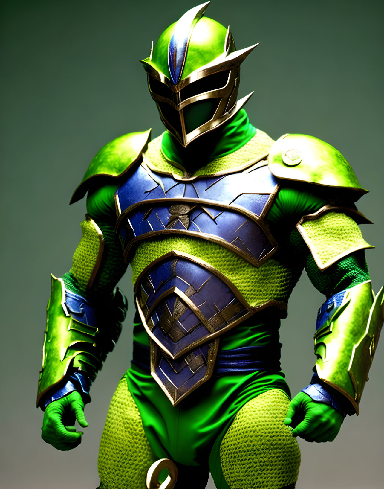 Detailed Green and Blue Power Ranger Costume with Metallic Armor and Helmet