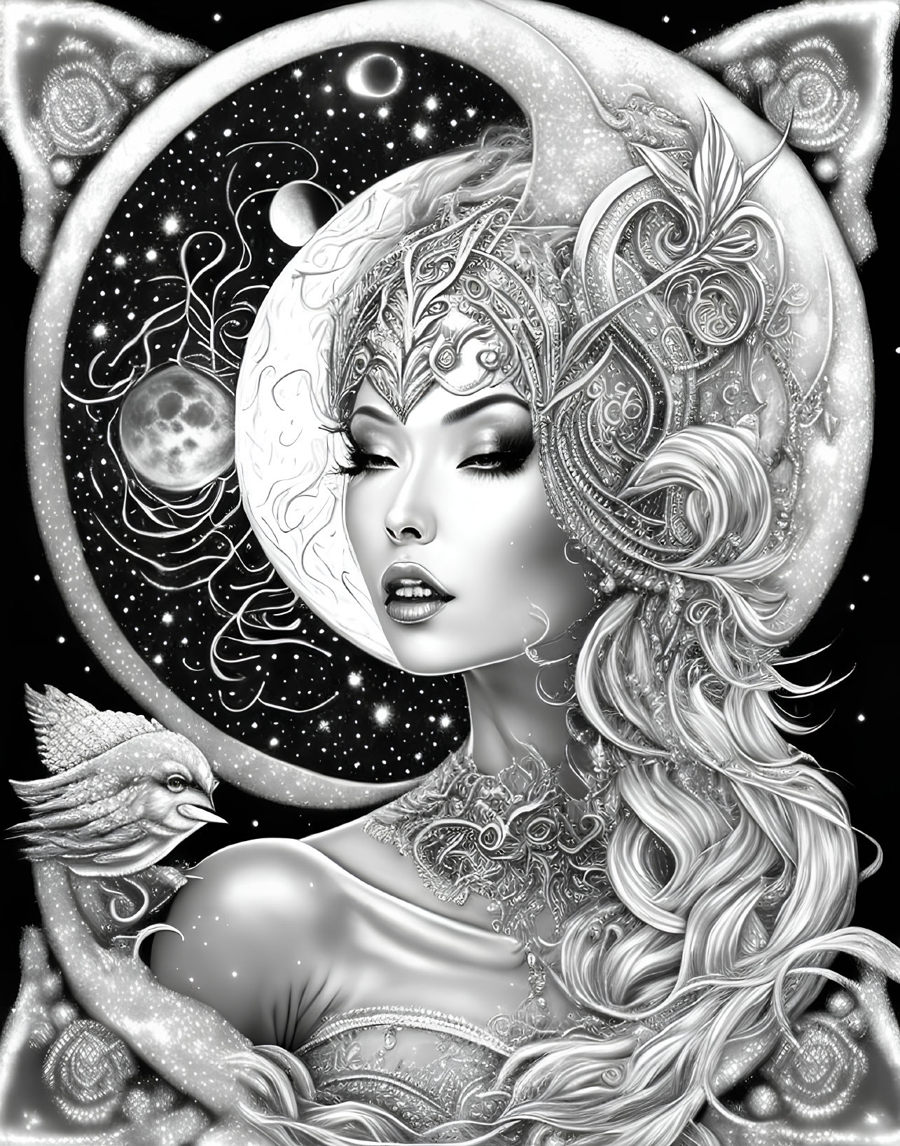 Monochromatic illustration of woman with cosmic hair and bird on crescent moon.