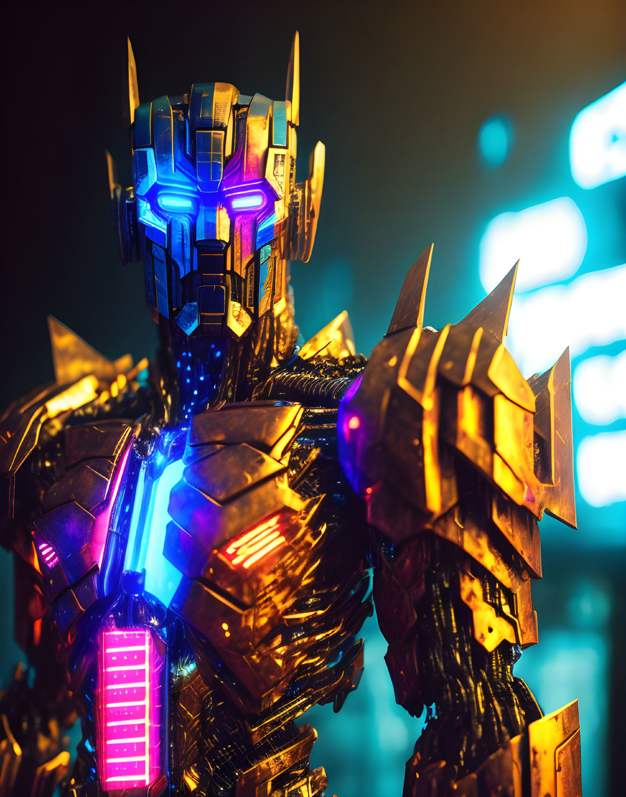 Detailed robot with glowing blue elements on chest and eyes against neon lights.