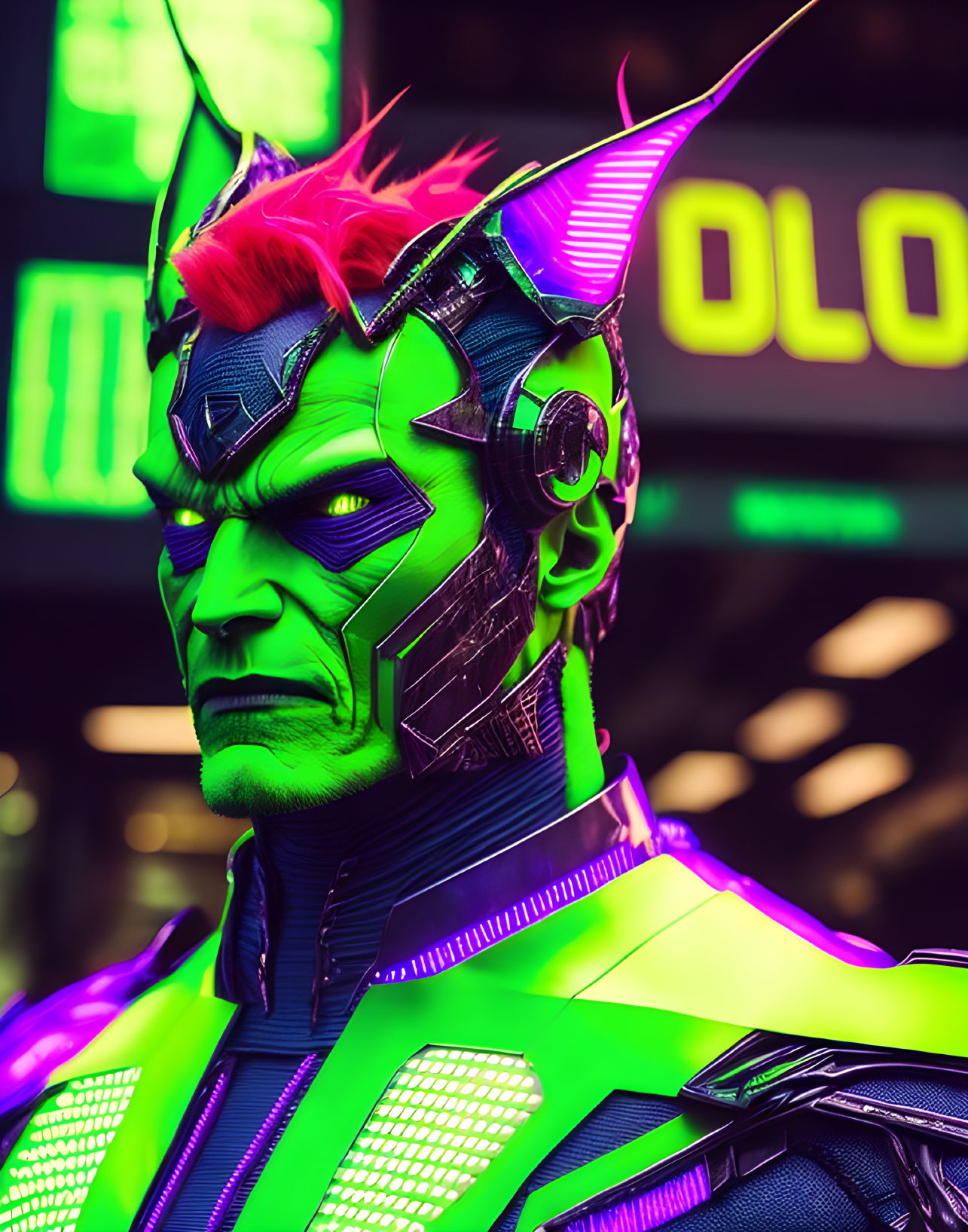 Elaborate Green and Purple Costume with Futuristic Armor and Horned Helmet on Neon-Lit Background