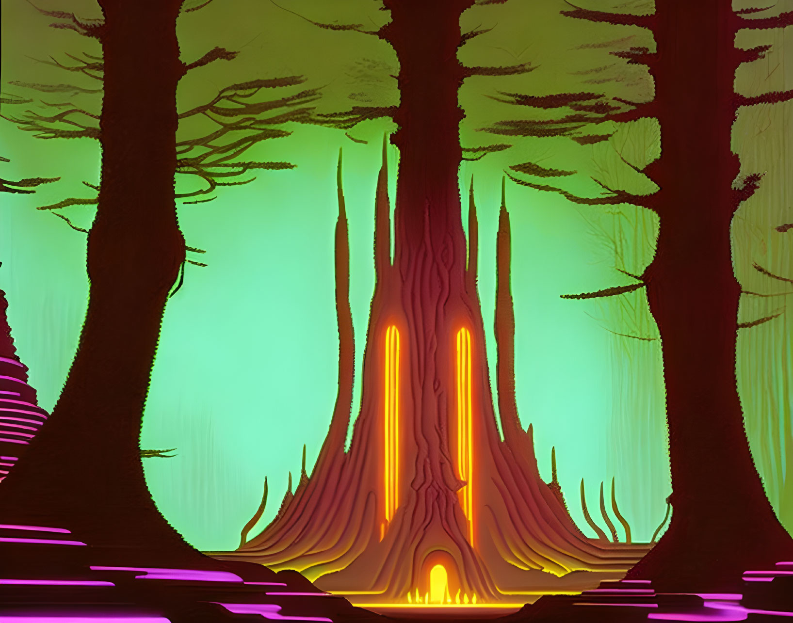 Mystical forest with glowing fissure in tree