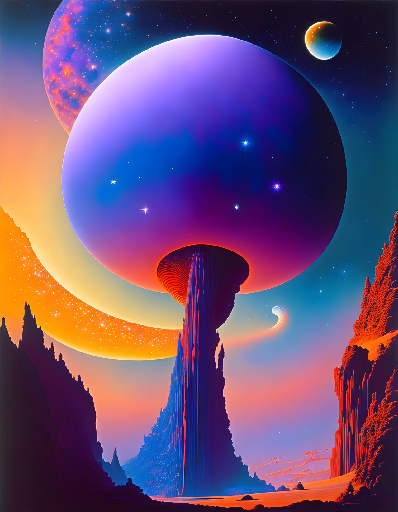 Sci-fi landscape with colossal pillar, mountains, planets, stars, and nebula-filled sky