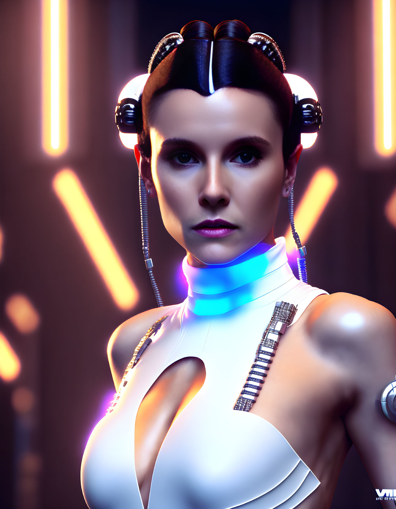 Sci-fi themed portrait of a woman under neon lights