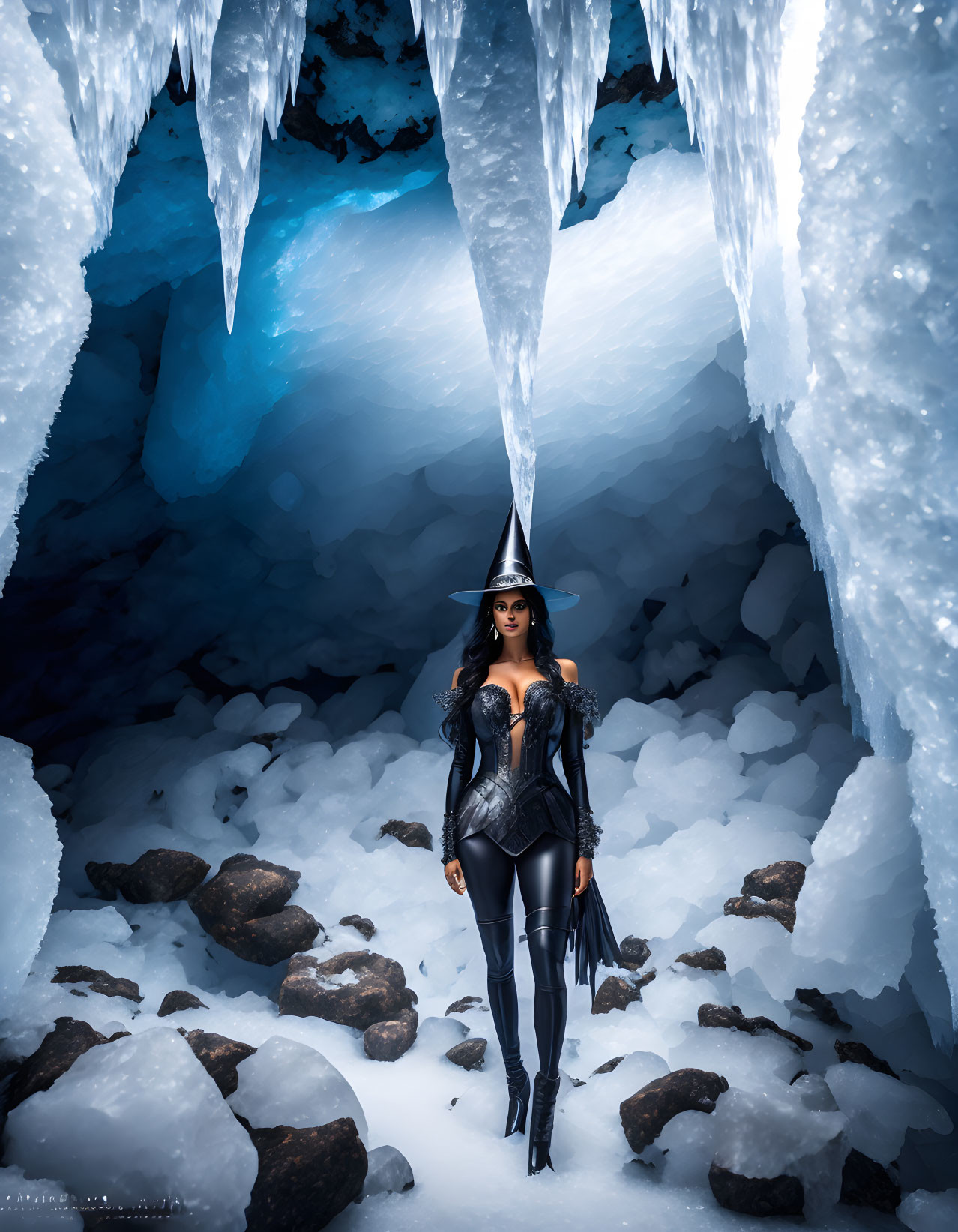 Mystical woman in black costume in icy cave with stalactites