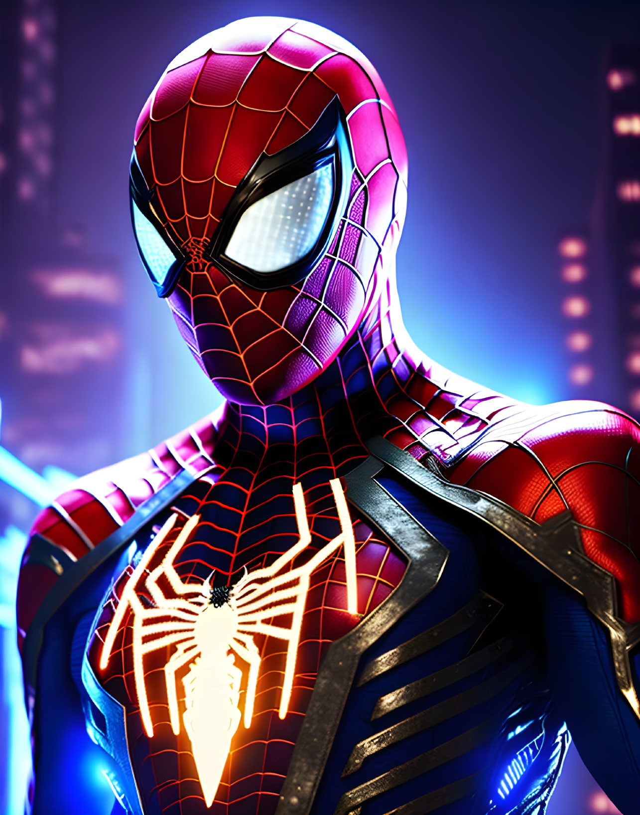 Detailed Spider-Man costume against neon-lit city backdrop